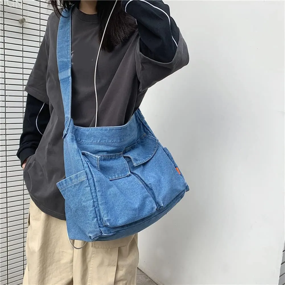 Canvas Shoulder Bag Large Hobo Crossbody Bag with Multiple Pockets Canvas Messenger Tote Bag for Women and Men