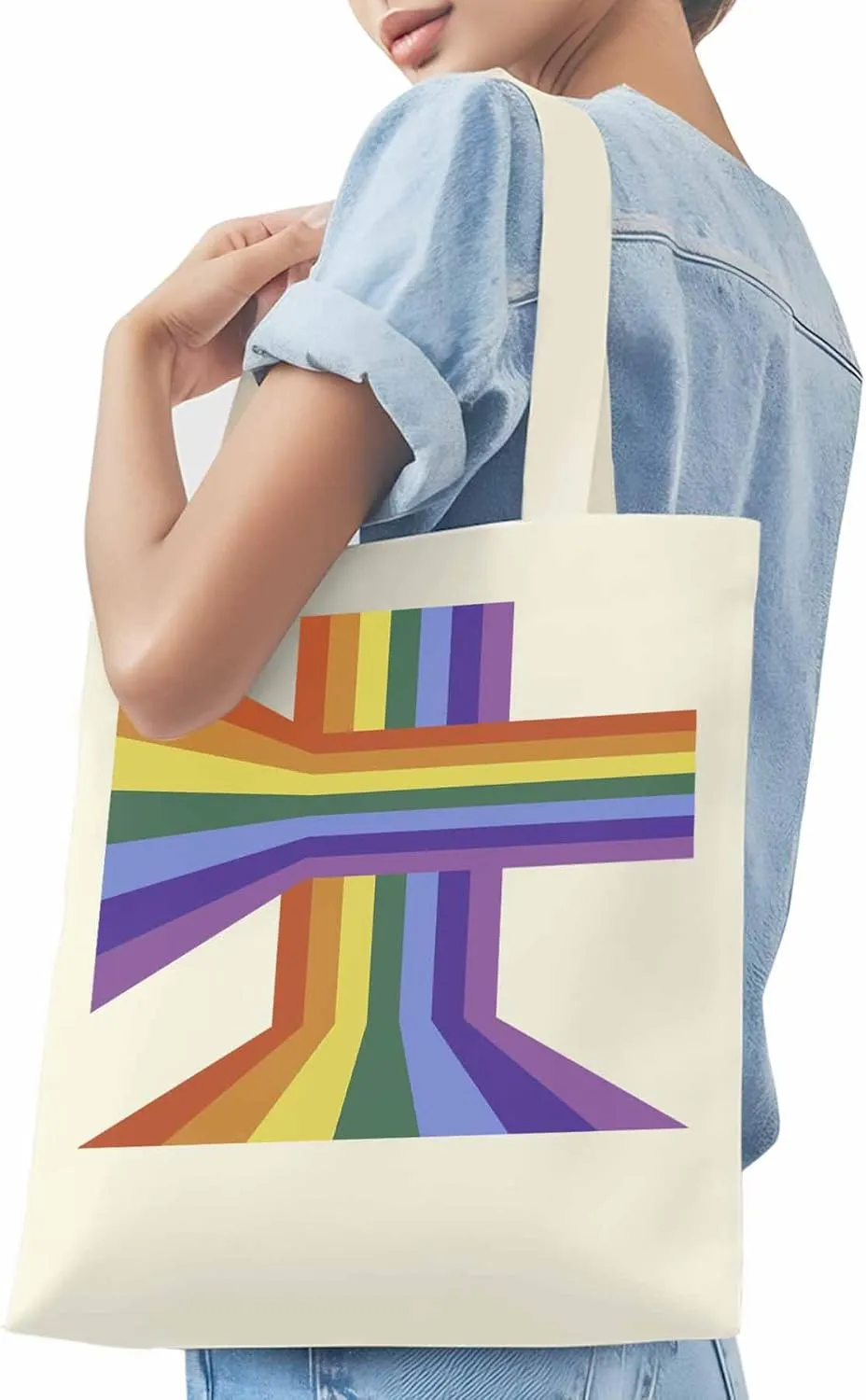 Canvas Tote Bag, Abstract Rainbow Striped Aesthetic Canvas Tote Handbags for Women Shoulder Bag