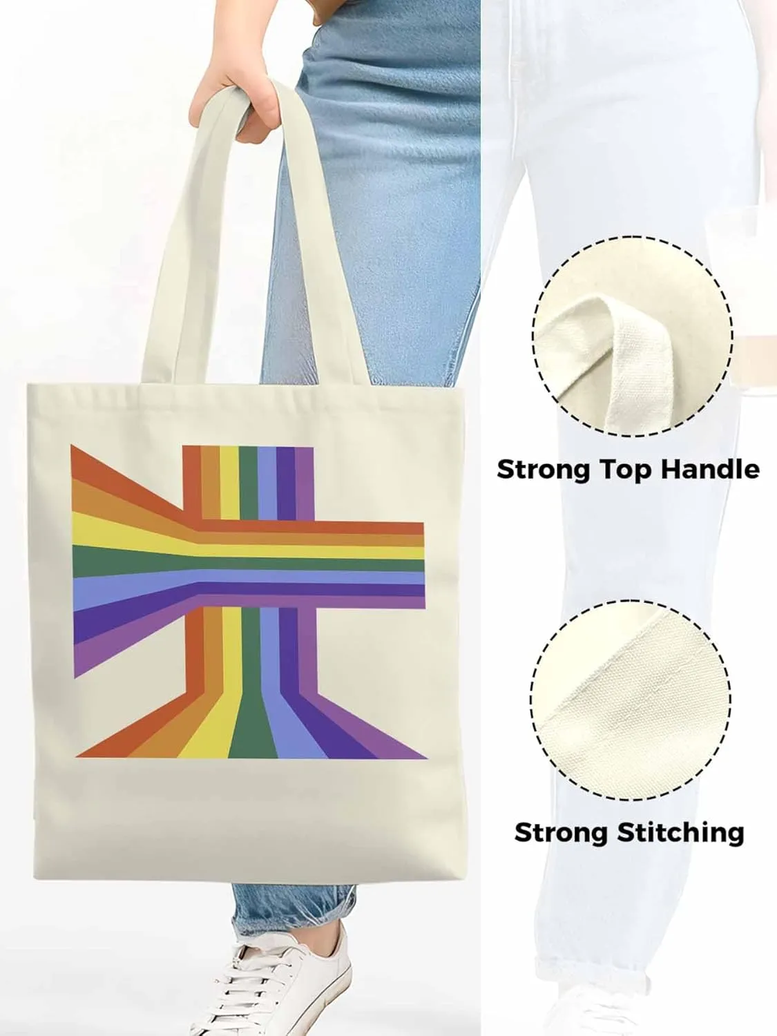 Canvas Tote Bag, Abstract Rainbow Striped Aesthetic Canvas Tote Handbags for Women Shoulder Bag