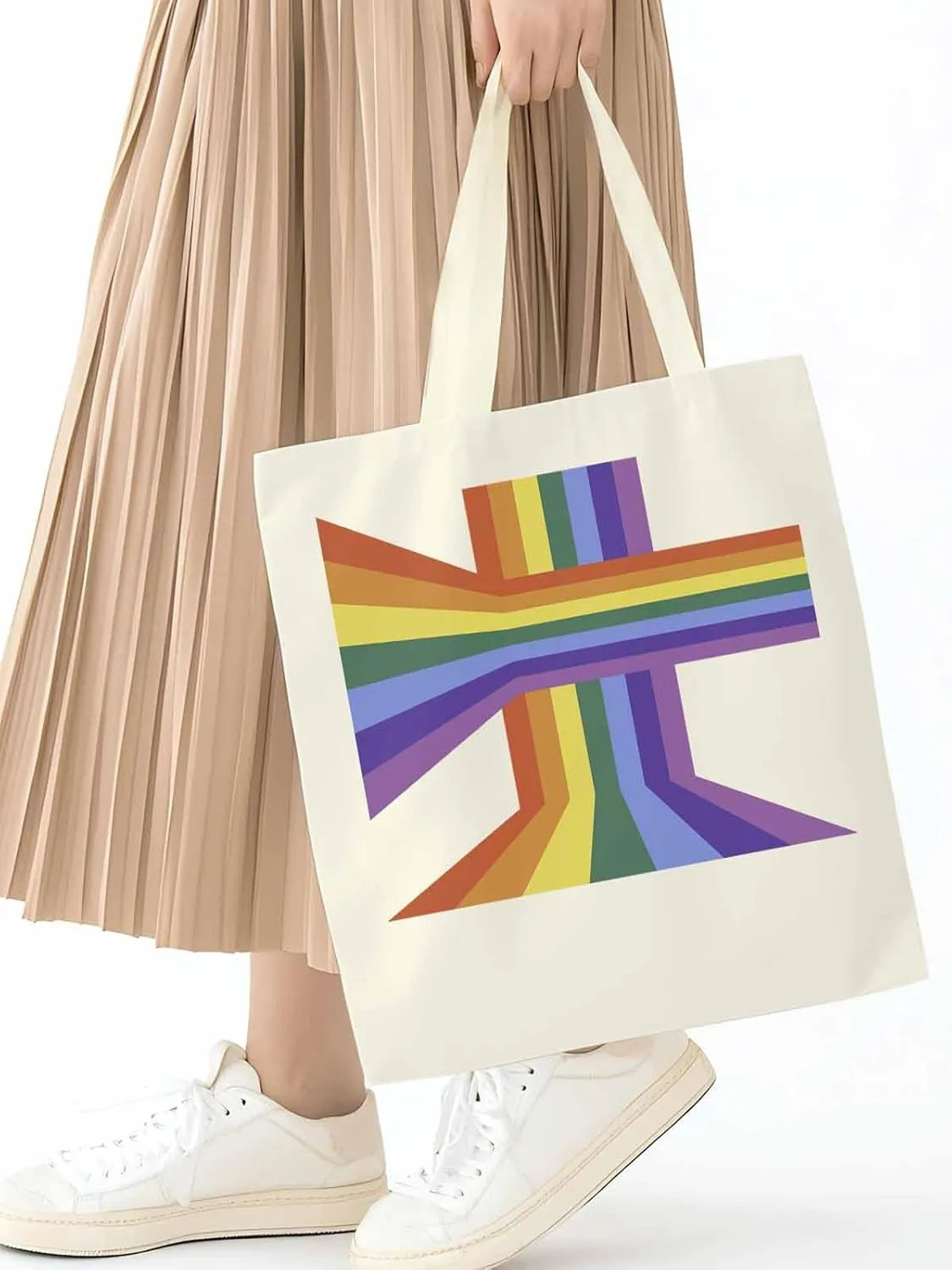 Canvas Tote Bag, Abstract Rainbow Striped Aesthetic Canvas Tote Handbags for Women Shoulder Bag