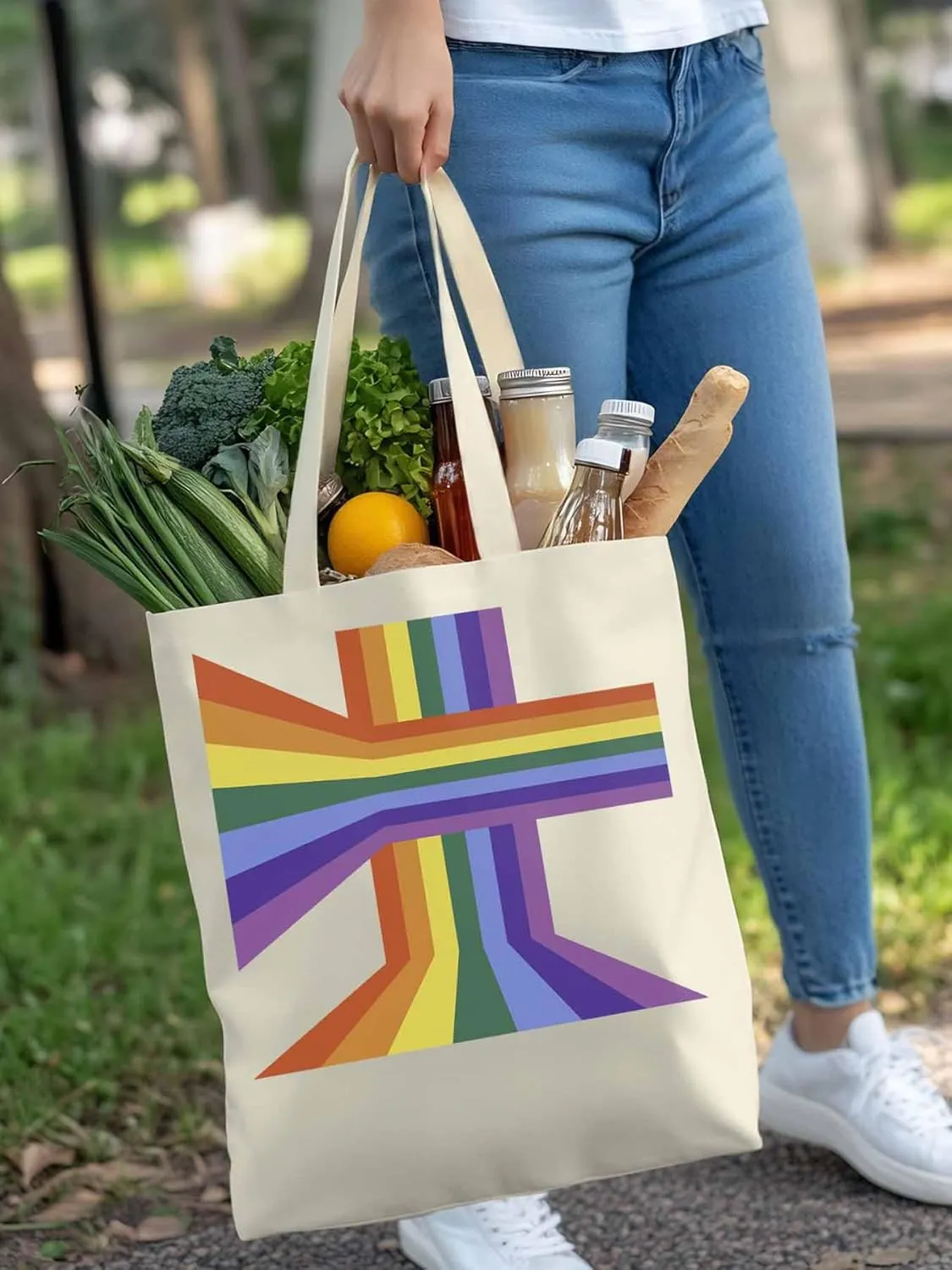 Canvas Tote Bag, Abstract Rainbow Striped Aesthetic Canvas Tote Handbags for Women Shoulder Bag