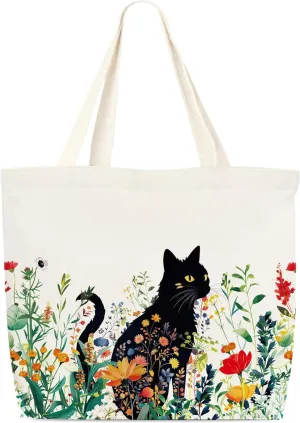 Canvas Tote Bag, Book Tote Bag, Floral Tote Bag, Black Cat Tote, Funny Tote Bag, Library Tote, Reusable Grocery Shopping Bag, Library Shoulder Bag For Women Man Friends B(07)