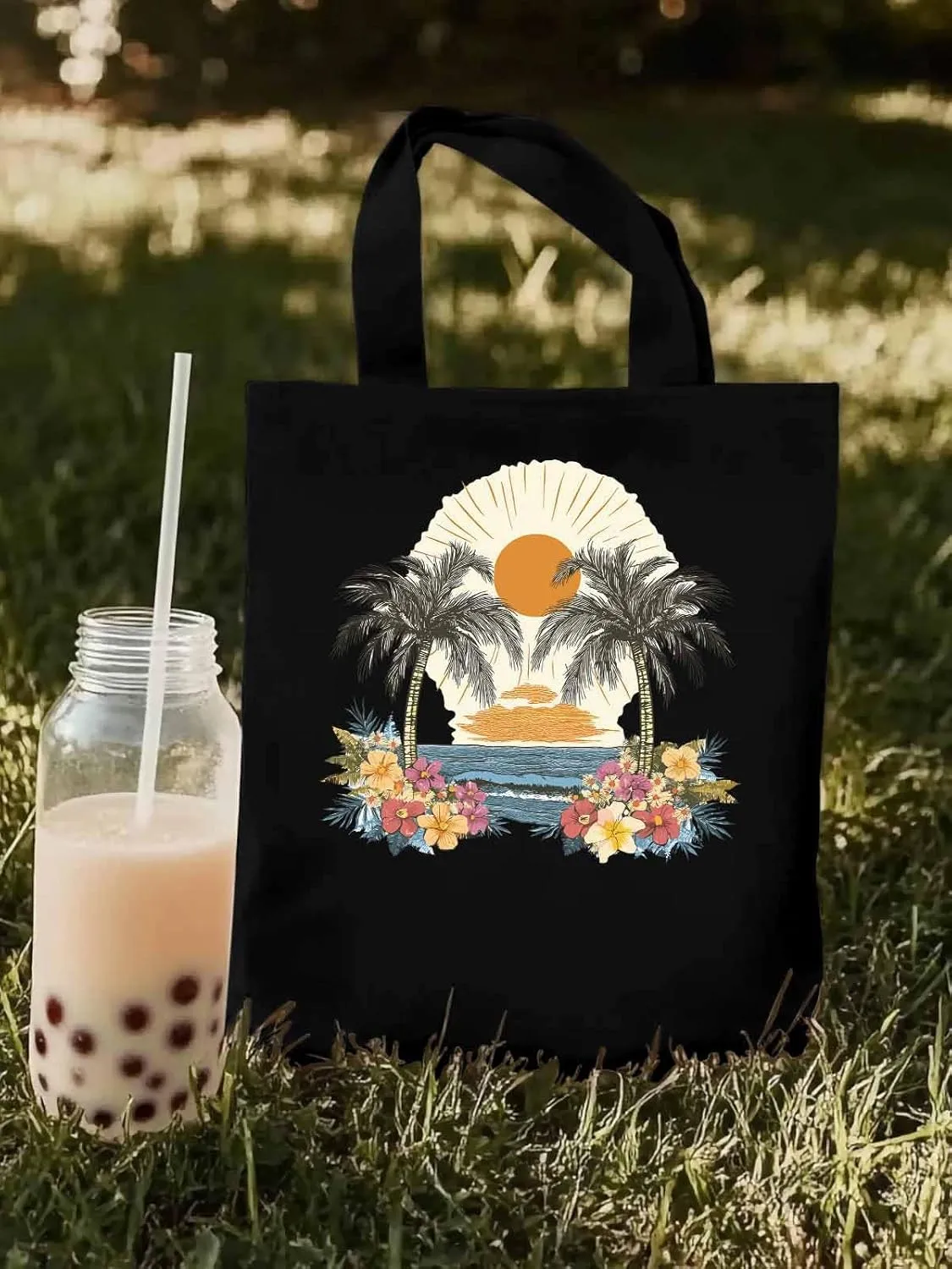 Canvas Tote Bag, Coconut Trees Flowers Beach Boho Sunset patterned Canvas Tote Handbags for Women Shoulder Bag,