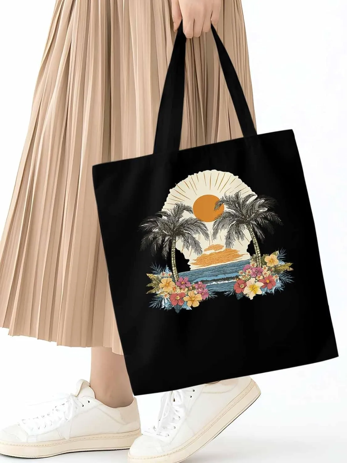 Canvas Tote Bag, Coconut Trees Flowers Beach Boho Sunset patterned Canvas Tote Handbags for Women Shoulder Bag,