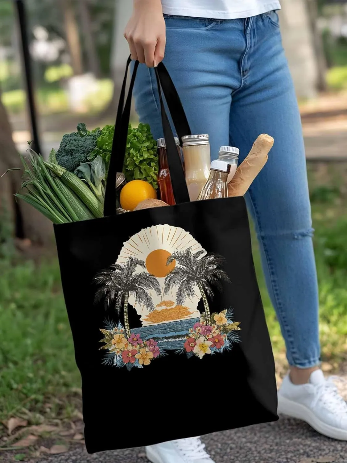 Canvas Tote Bag, Coconut Trees Flowers Beach Boho Sunset patterned Canvas Tote Handbags for Women Shoulder Bag,