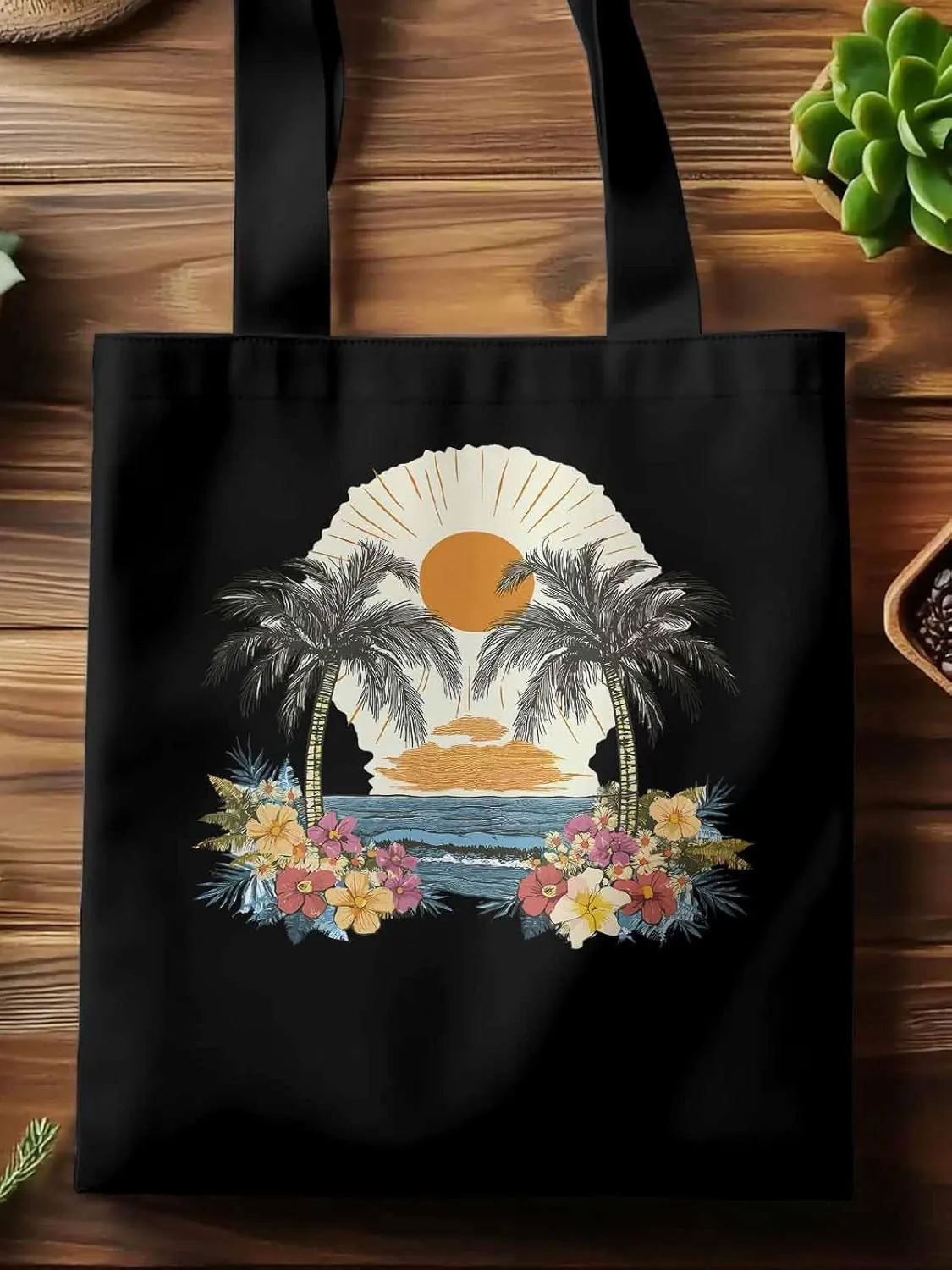 Canvas Tote Bag, Coconut Trees Flowers Beach Boho Sunset patterned Canvas Tote Handbags for Women Shoulder Bag,