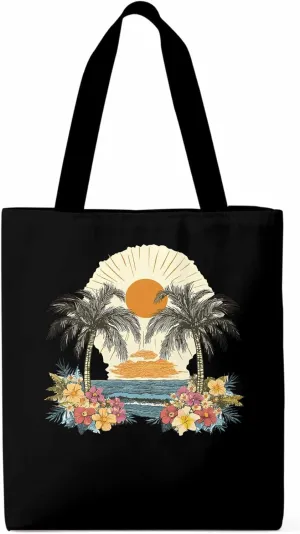 Canvas Tote Bag, Coconut Trees Flowers Beach Boho Sunset patterned Canvas Tote Handbags for Women Shoulder Bag,