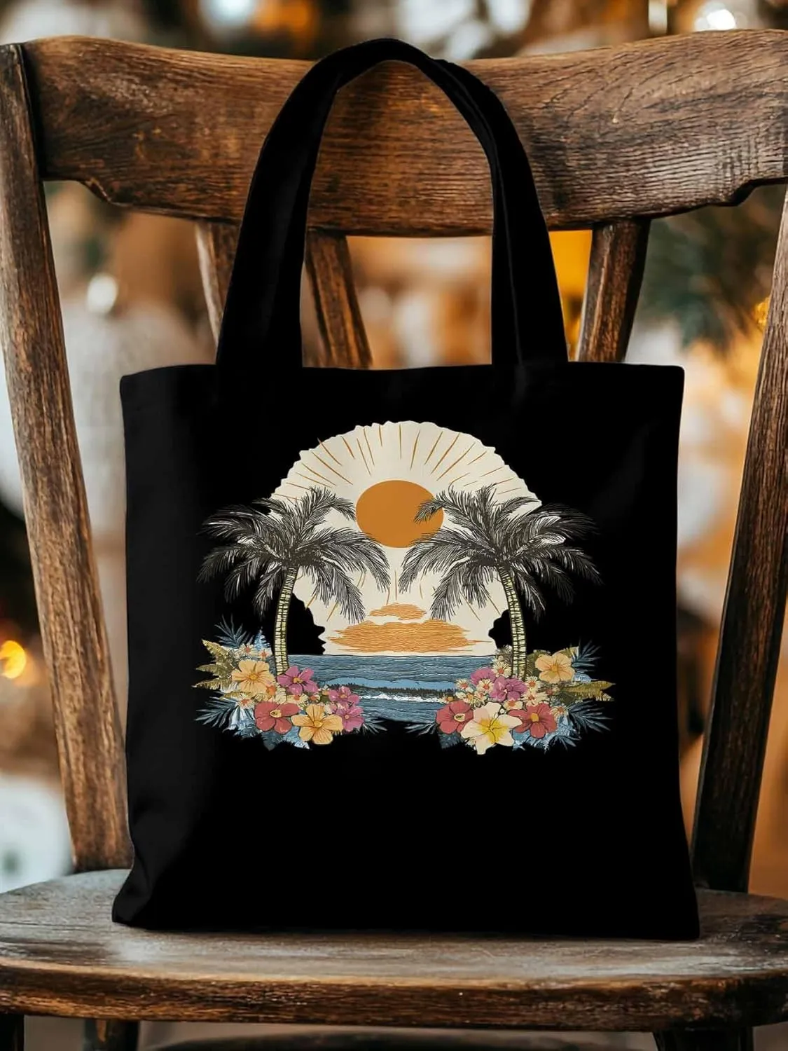 Canvas Tote Bag, Coconut Trees Flowers Beach Boho Sunset patterned Canvas Tote Handbags for Women Shoulder Bag,