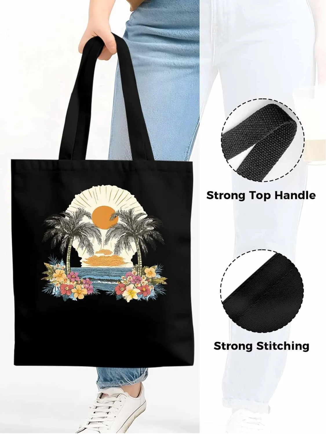 Canvas Tote Bag, Coconut Trees Flowers Beach Boho Sunset patterned Canvas Tote Handbags for Women Shoulder Bag,