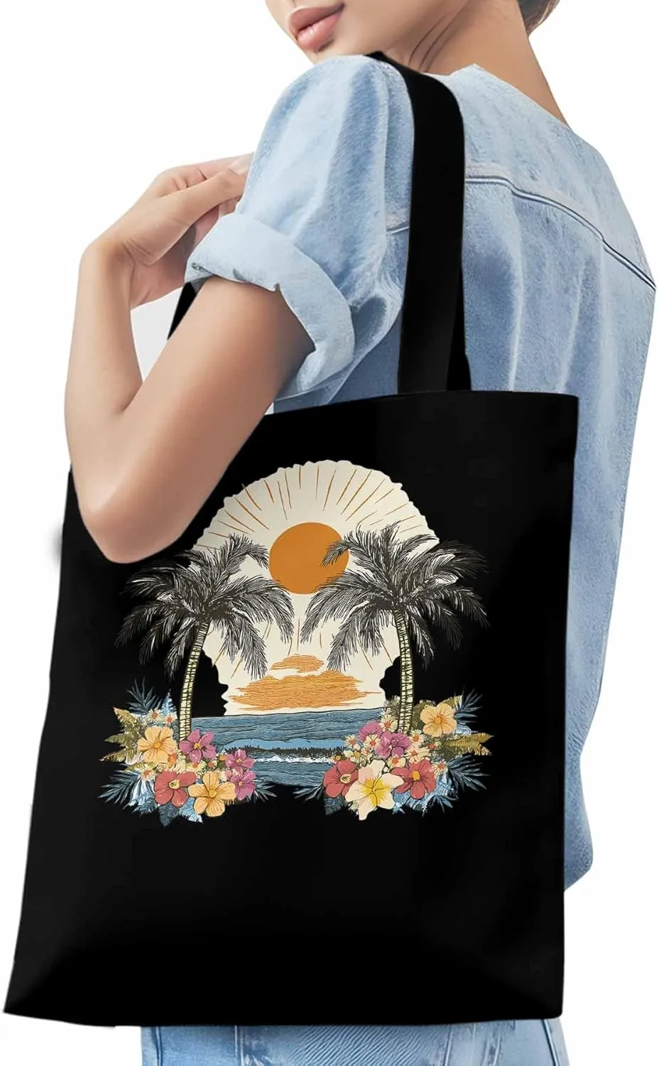Canvas Tote Bag, Coconut Trees Flowers Beach Boho Sunset patterned Canvas Tote Handbags for Women Shoulder Bag,