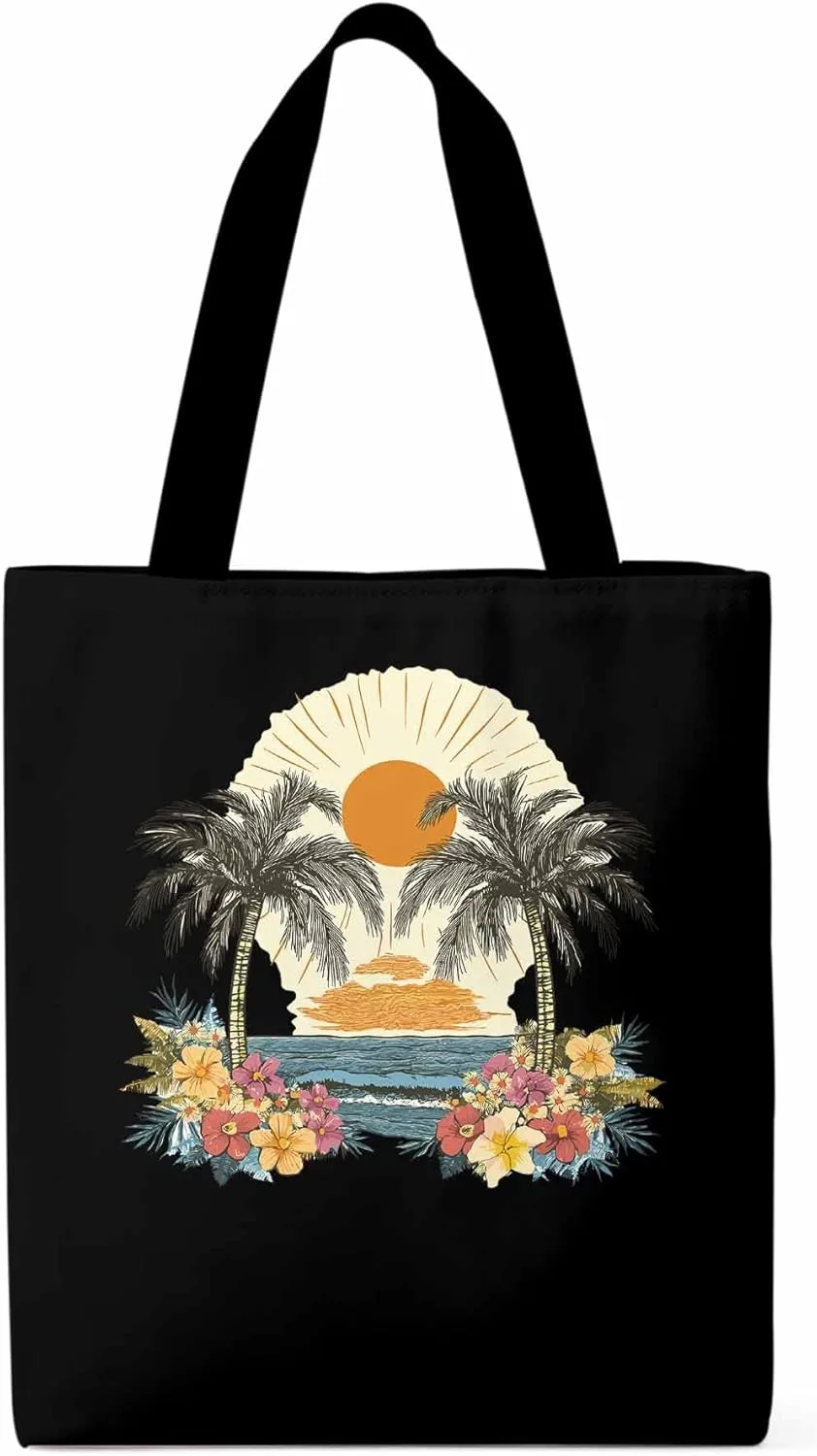 Canvas Tote Bag, Coconut Trees Flowers Beach Boho Sunset patterned Canvas Tote Handbags for Women Shoulder Bag,