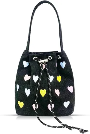 Canvas Tote Bag, Crossbody Bags for Women, Black Heart Embroidery Drawstring Bucket Bag, Cute Handbags, Shoulder Bag Suitable for Vacation, Travel, Daily