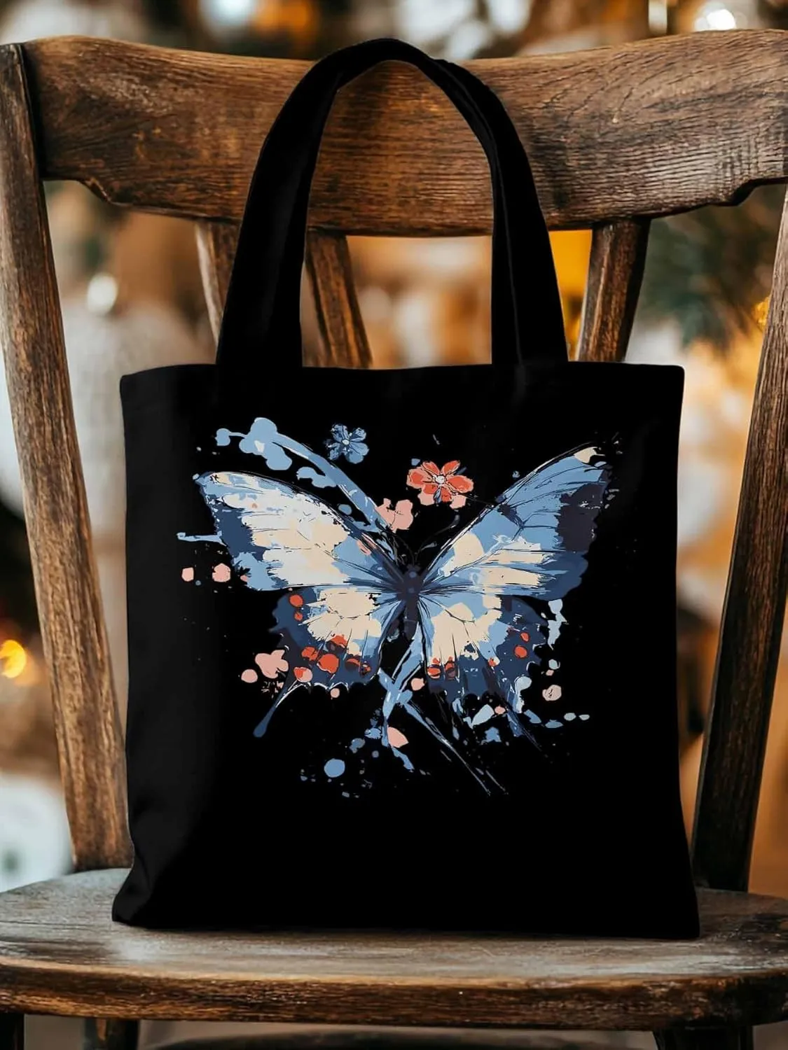 Canvas Tote Bag, Gradual Blue Art Butterfly Flower Aesthetic Canvas Tote Handbags for Women Shoulder Bag