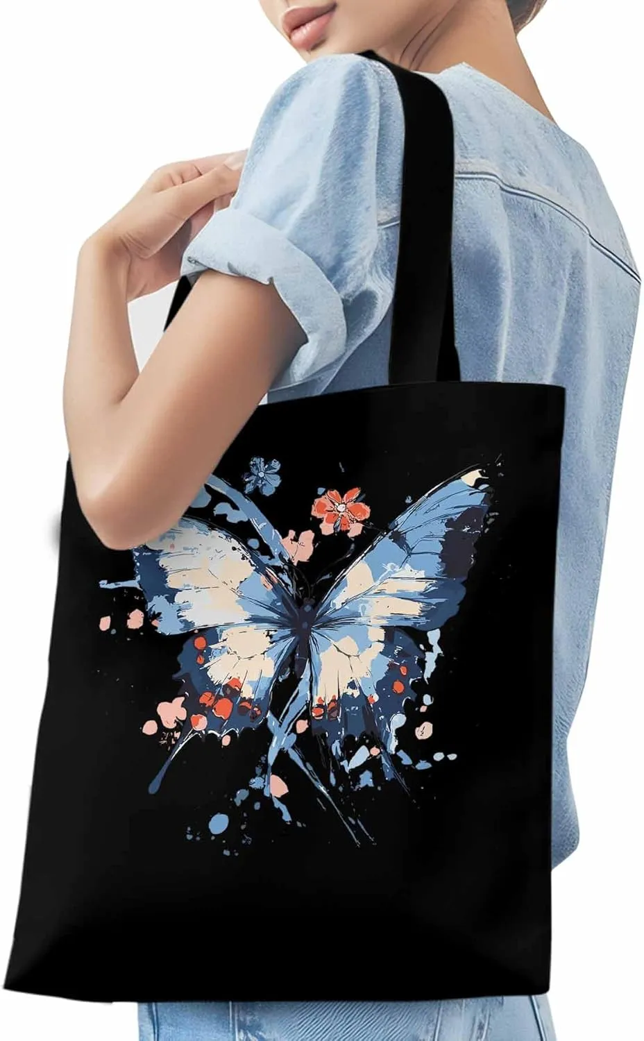 Canvas Tote Bag, Gradual Blue Art Butterfly Flower Aesthetic Canvas Tote Handbags for Women Shoulder Bag