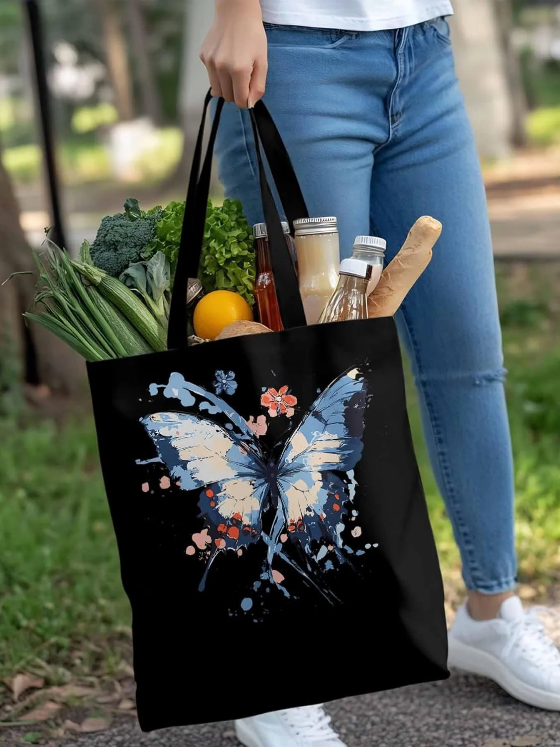Canvas Tote Bag, Gradual Blue Art Butterfly Flower Aesthetic Canvas Tote Handbags for Women Shoulder Bag