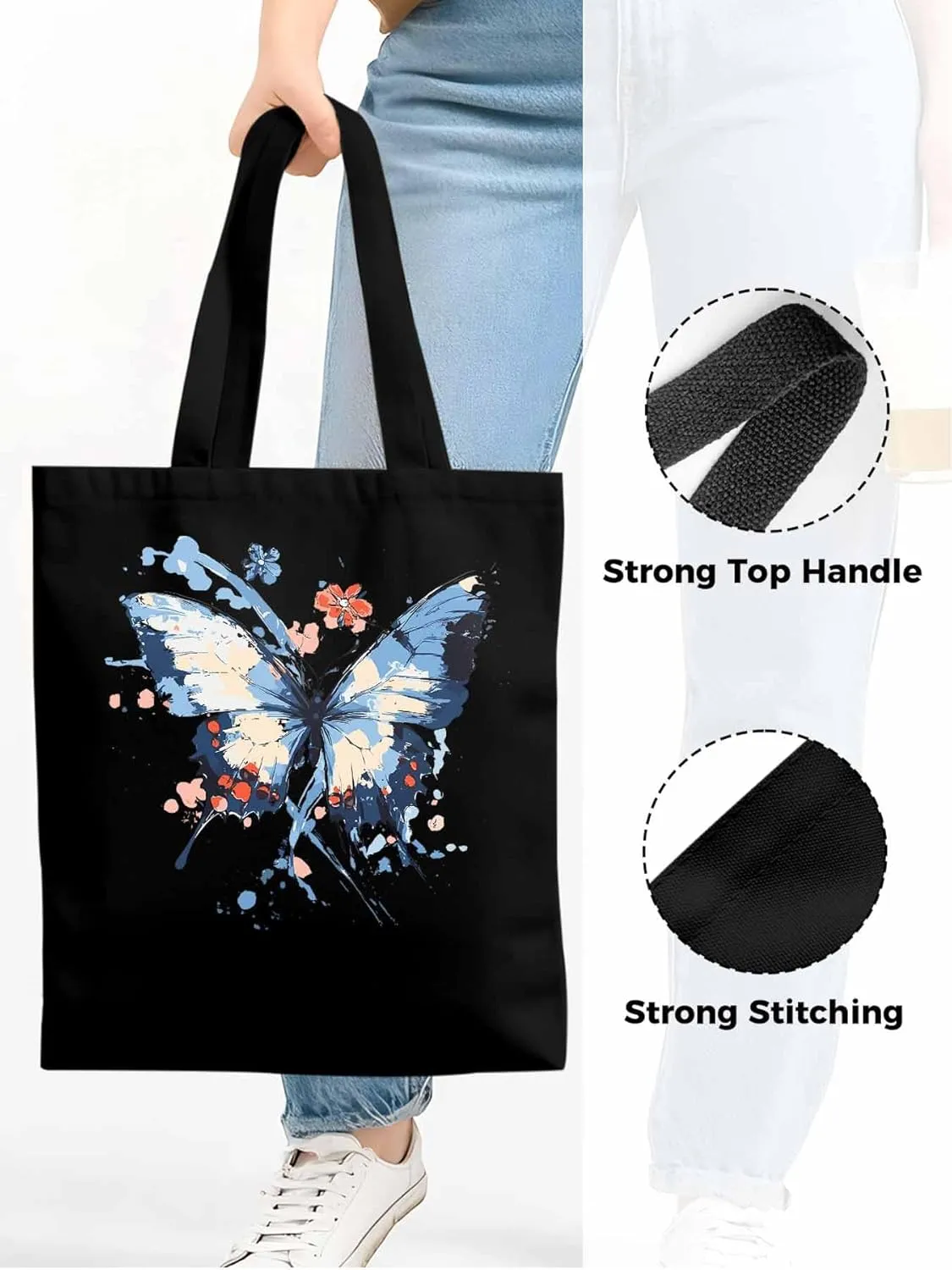 Canvas Tote Bag, Gradual Blue Art Butterfly Flower Aesthetic Canvas Tote Handbags for Women Shoulder Bag