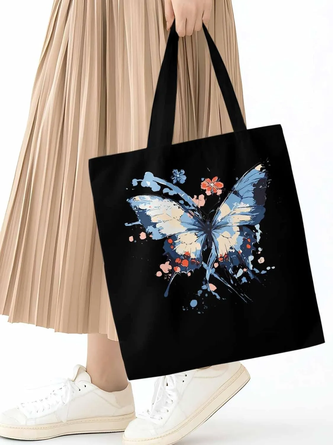 Canvas Tote Bag, Gradual Blue Art Butterfly Flower Aesthetic Canvas Tote Handbags for Women Shoulder Bag