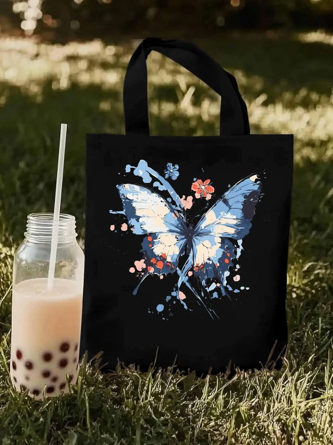Canvas Tote Bag, Gradual Blue Art Butterfly Flower Aesthetic Canvas Tote Handbags for Women Shoulder Bag