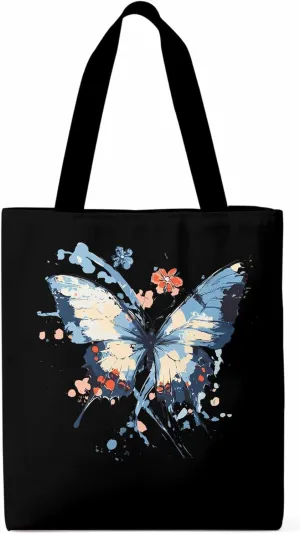 Canvas Tote Bag, Gradual Blue Art Butterfly Flower Aesthetic Canvas Tote Handbags for Women Shoulder Bag