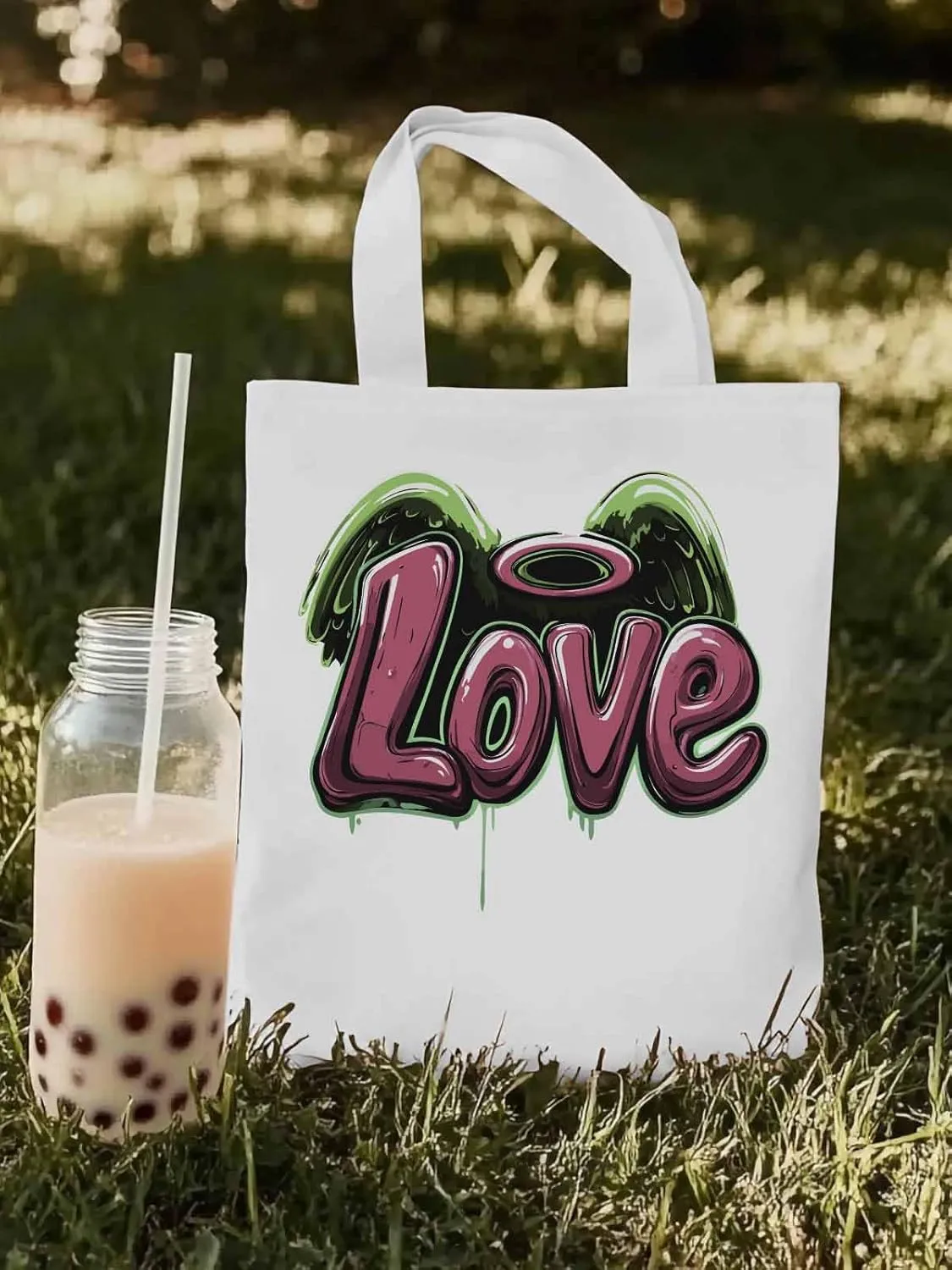 Canvas Tote Bag, Love Graffiti Valentine's Day Aesthetic Canvas Tote Handbags for Women Shoulder Bag