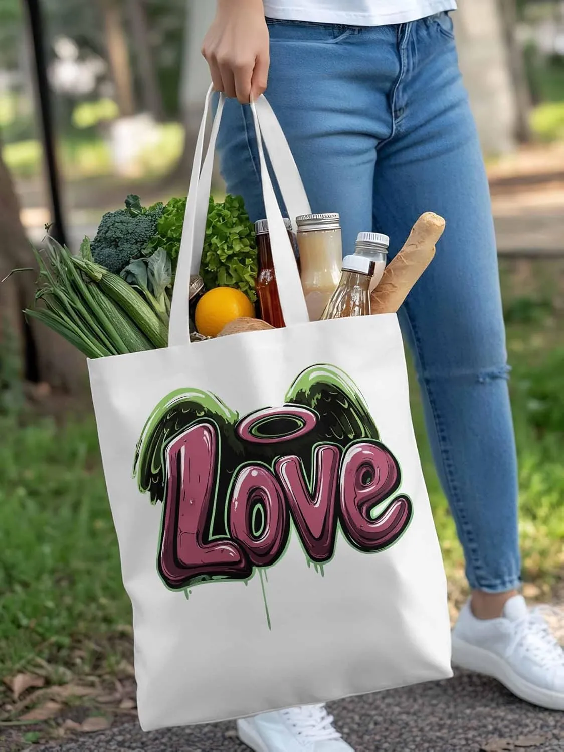 Canvas Tote Bag, Love Graffiti Valentine's Day Aesthetic Canvas Tote Handbags for Women Shoulder Bag