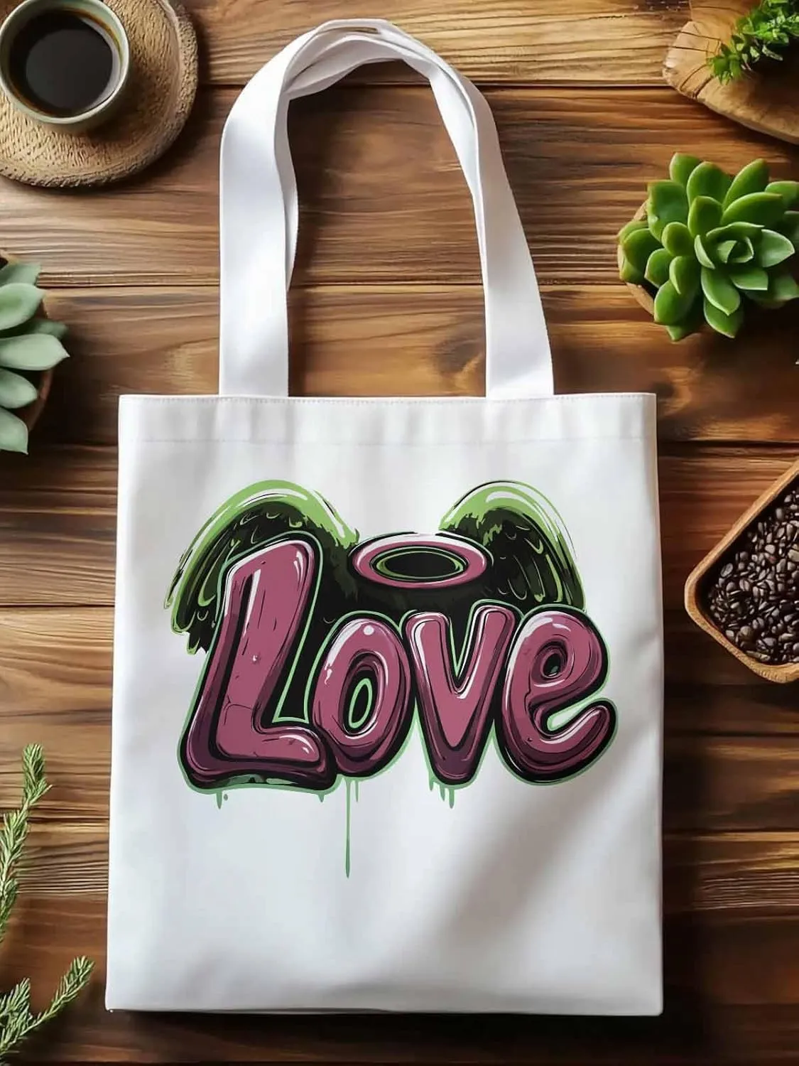 Canvas Tote Bag, Love Graffiti Valentine's Day Aesthetic Canvas Tote Handbags for Women Shoulder Bag
