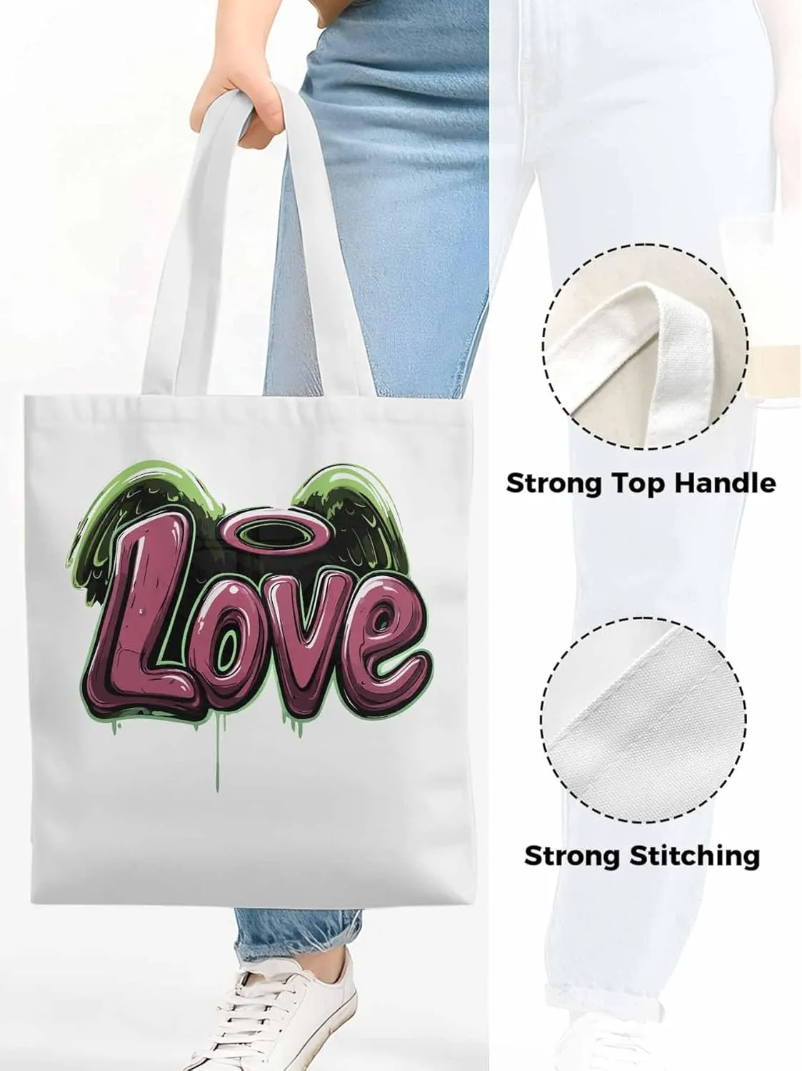 Canvas Tote Bag, Love Graffiti Valentine's Day Aesthetic Canvas Tote Handbags for Women Shoulder Bag