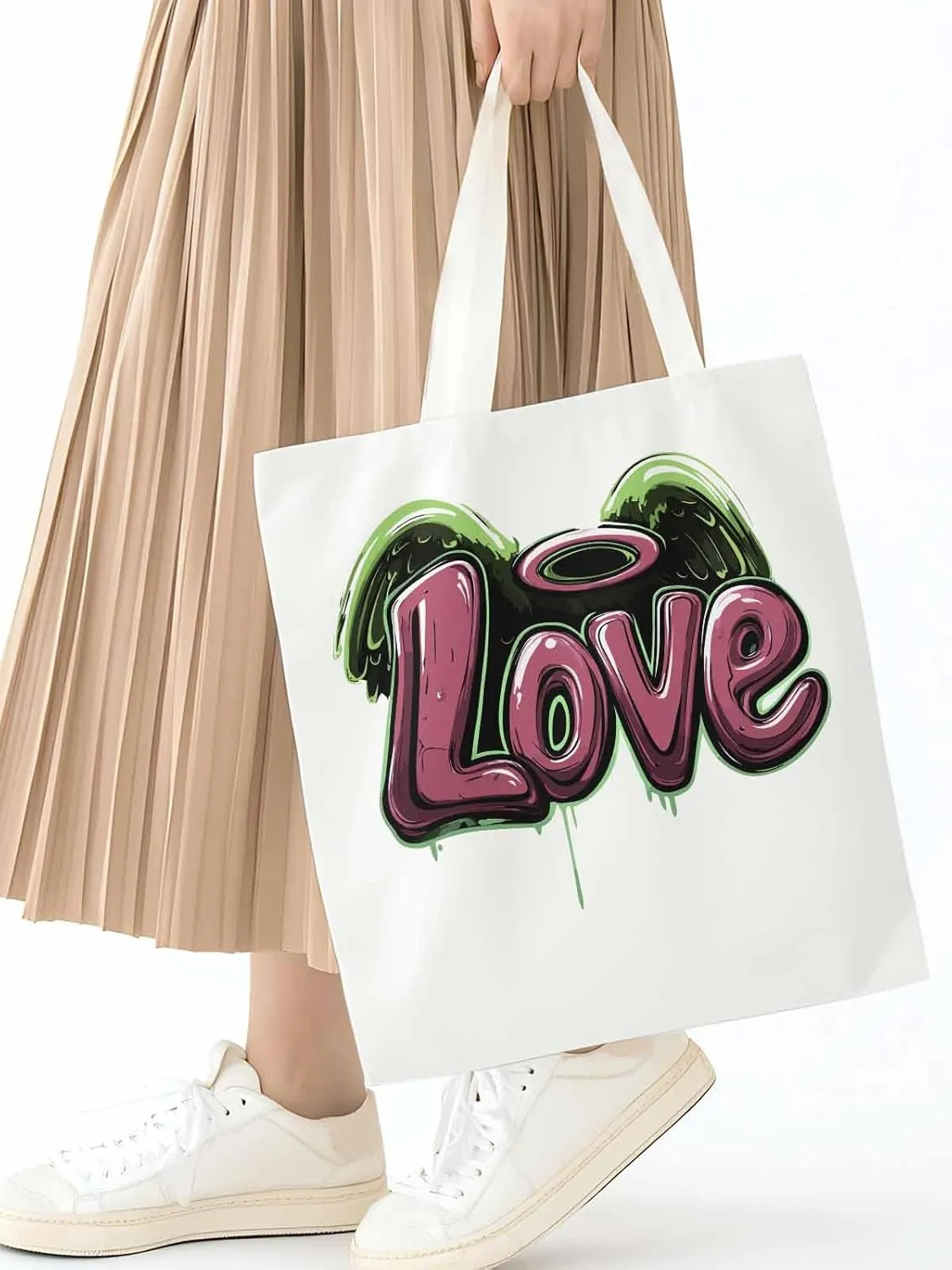 Canvas Tote Bag, Love Graffiti Valentine's Day Aesthetic Canvas Tote Handbags for Women Shoulder Bag
