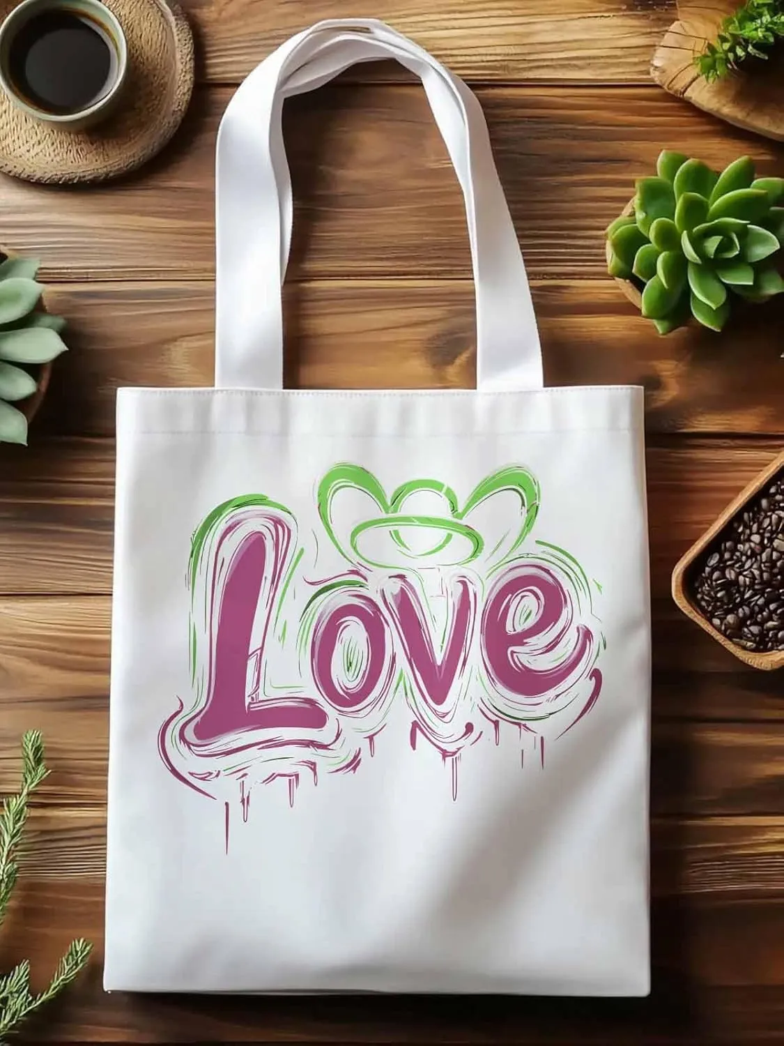 Canvas Tote Bag, Valentine's Day Love Graffiti Aesthetic Canvas Tote Handbags for Women Shoulder Bag