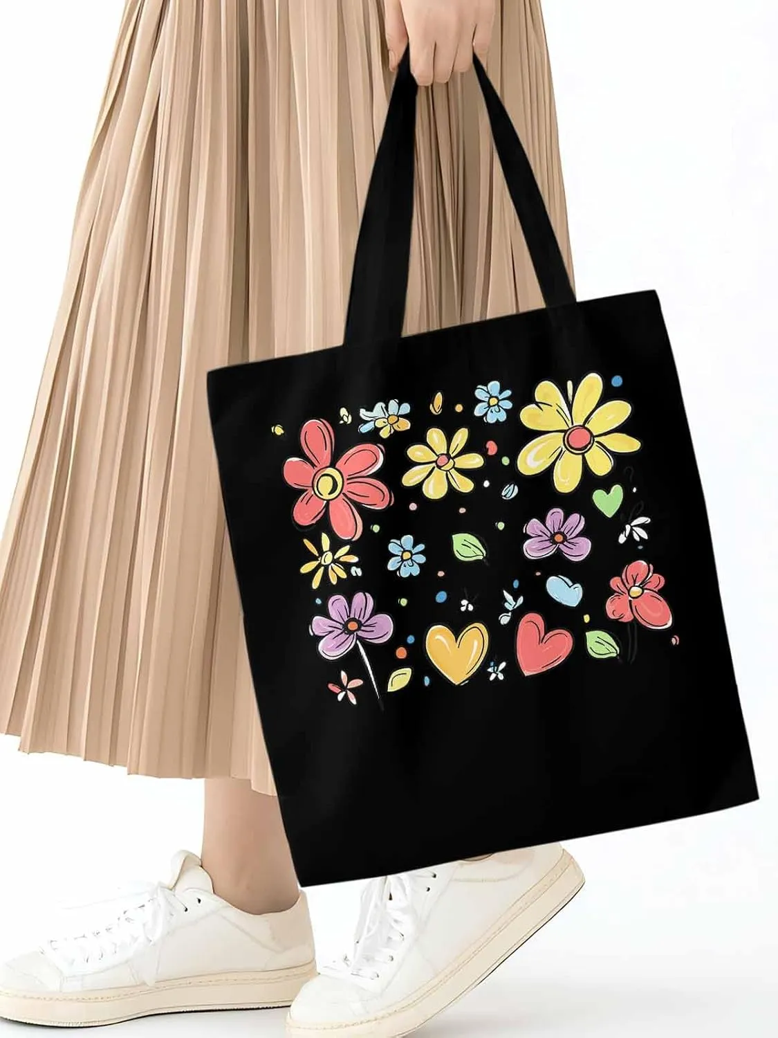 Canvas Tote Bag, Valentine's Love Pretty Daisy Floral Aesthetic Canvas Tote Handbags for Women Shoulder Bag