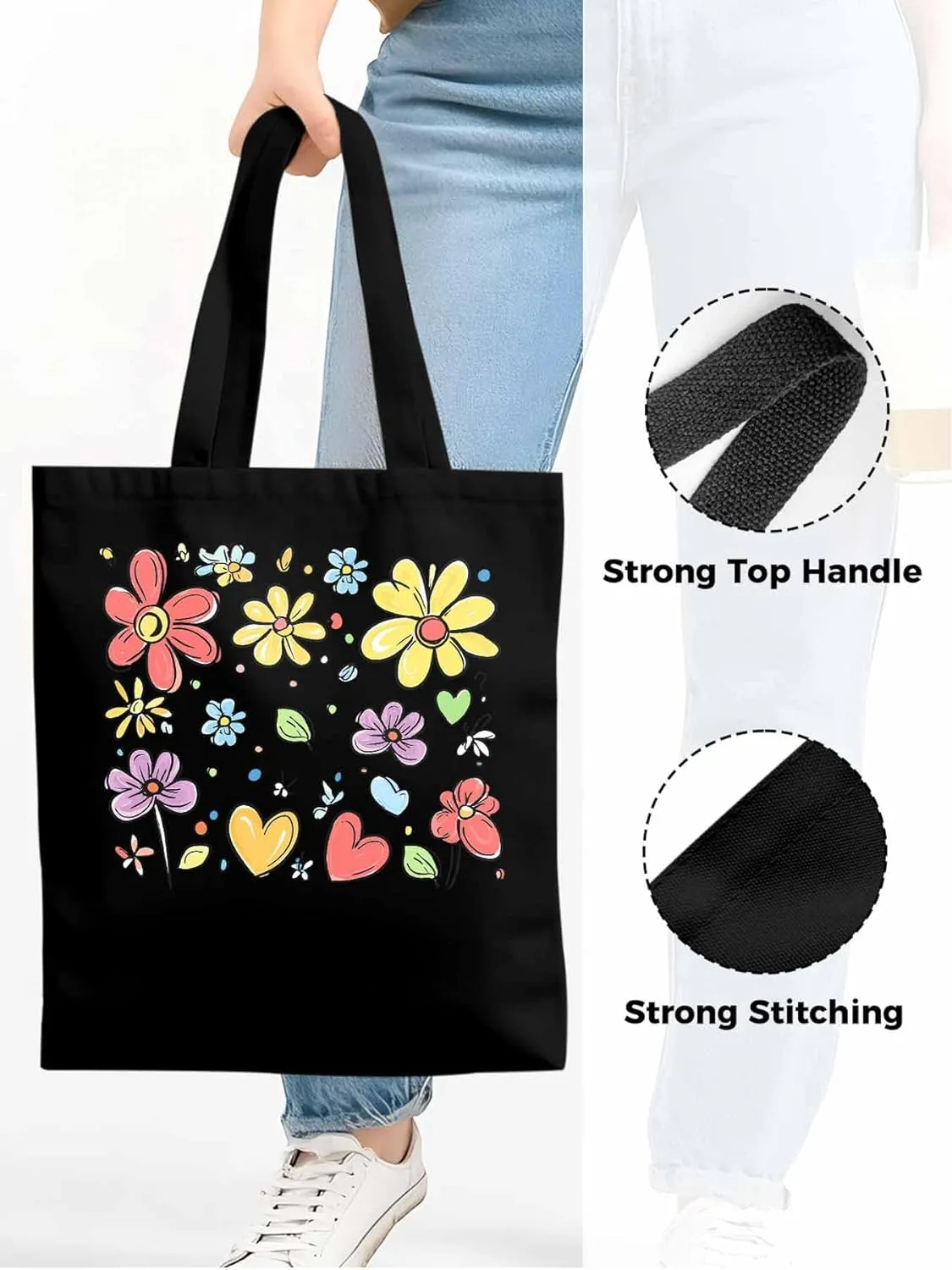 Canvas Tote Bag, Valentine's Love Pretty Daisy Floral Aesthetic Canvas Tote Handbags for Women Shoulder Bag