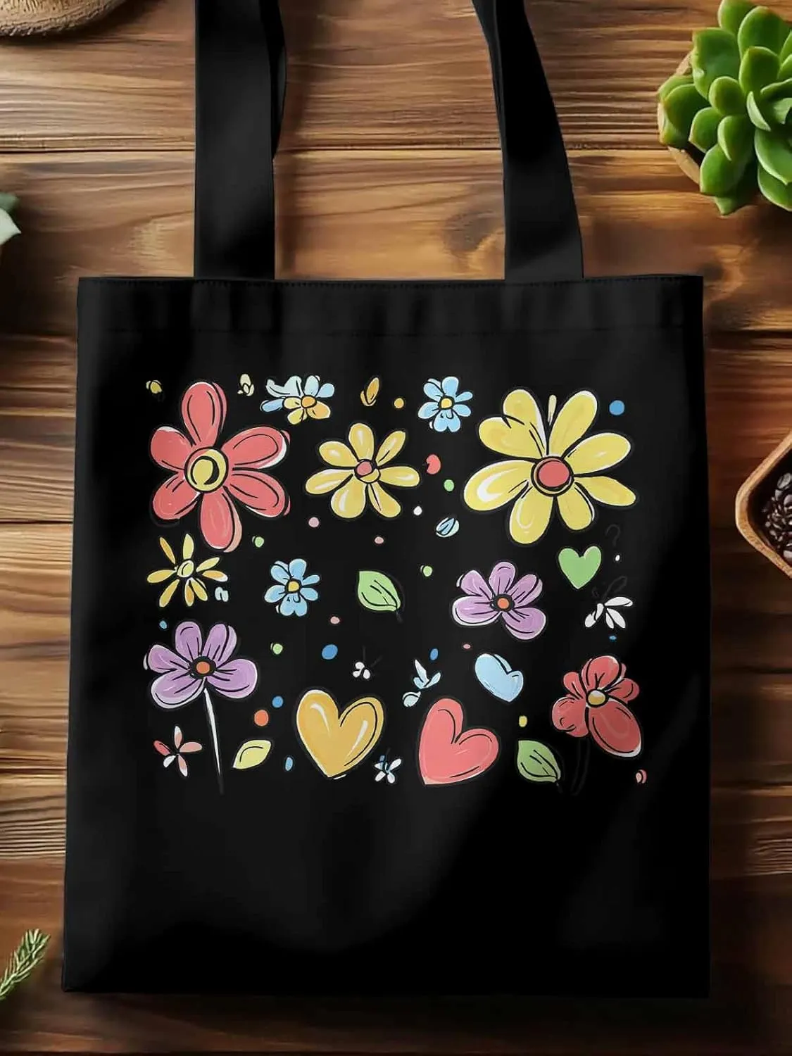 Canvas Tote Bag, Valentine's Love Pretty Daisy Floral Aesthetic Canvas Tote Handbags for Women Shoulder Bag