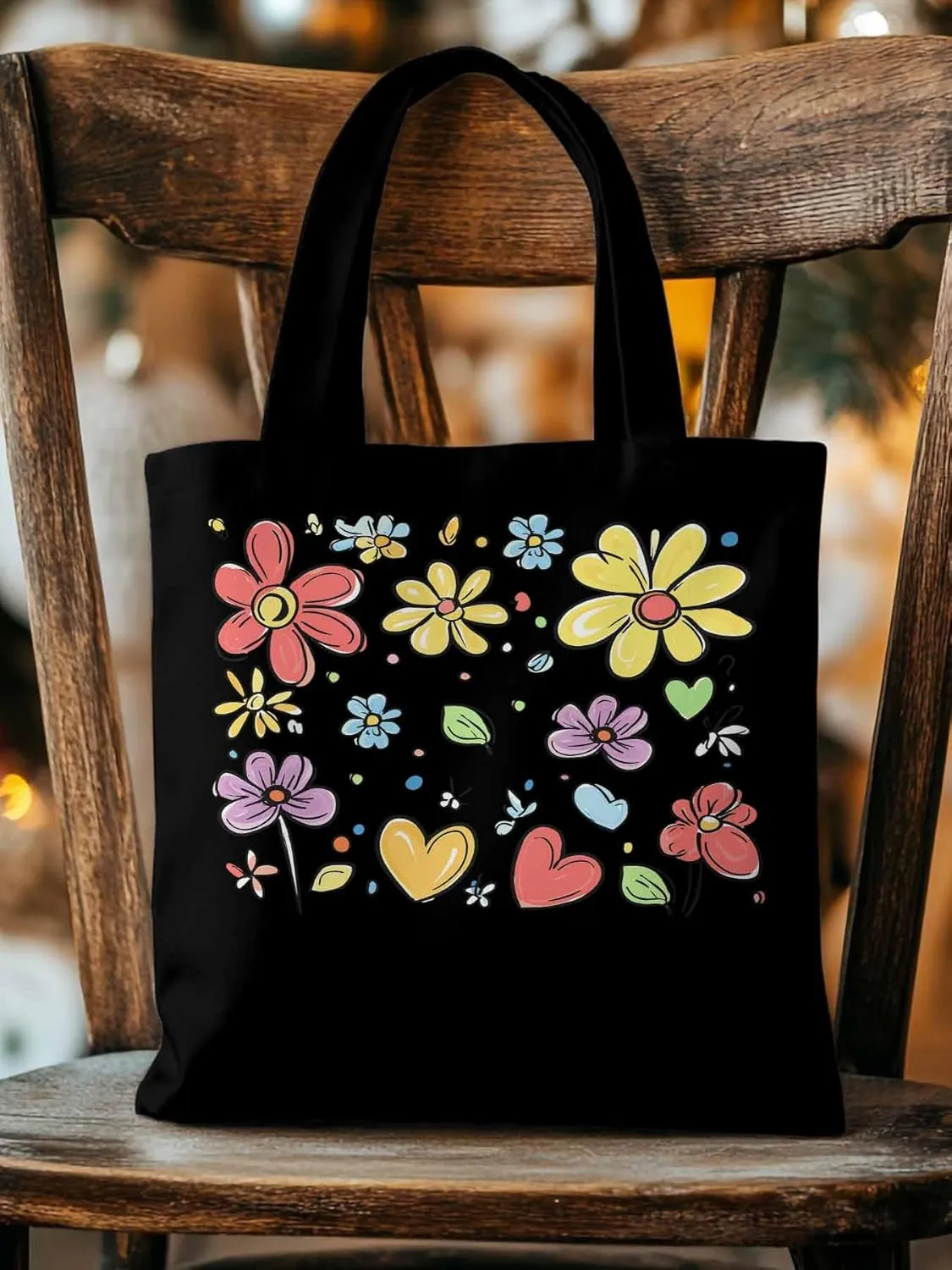 Canvas Tote Bag, Valentine's Love Pretty Daisy Floral Aesthetic Canvas Tote Handbags for Women Shoulder Bag