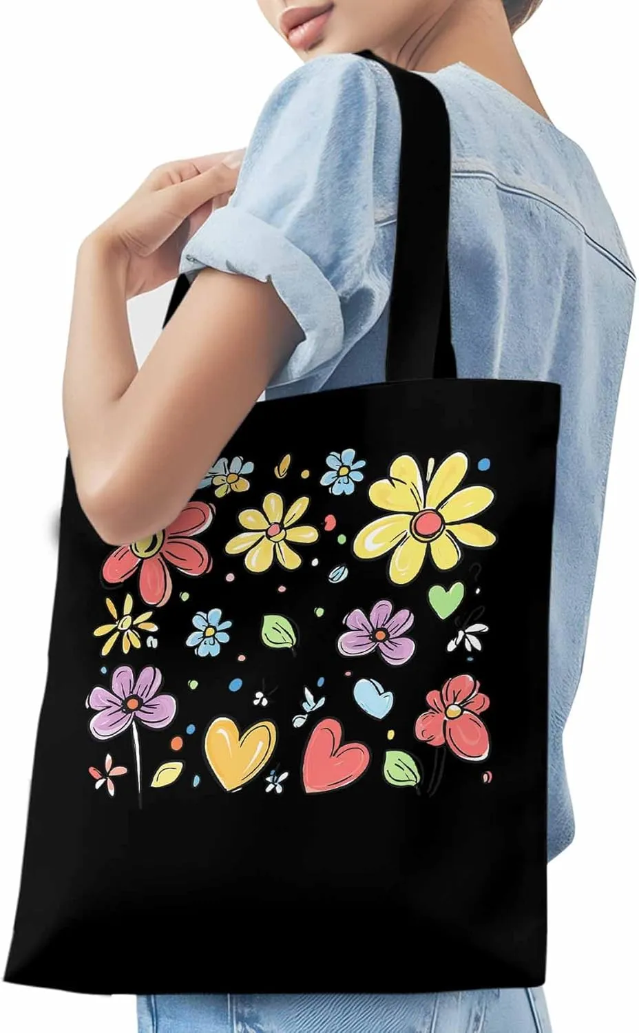 Canvas Tote Bag, Valentine's Love Pretty Daisy Floral Aesthetic Canvas Tote Handbags for Women Shoulder Bag