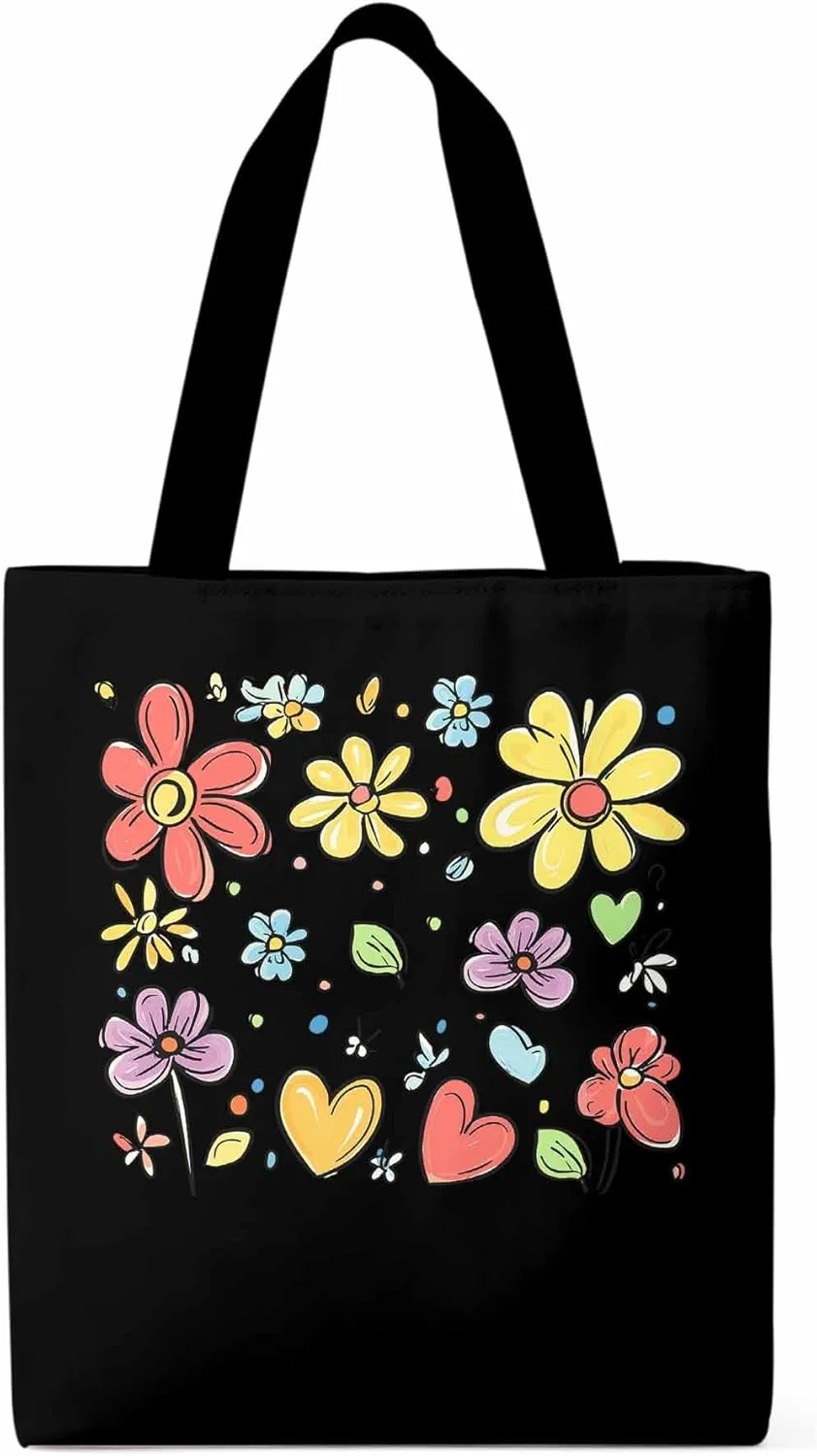 Canvas Tote Bag, Valentine's Love Pretty Daisy Floral Aesthetic Canvas Tote Handbags for Women Shoulder Bag