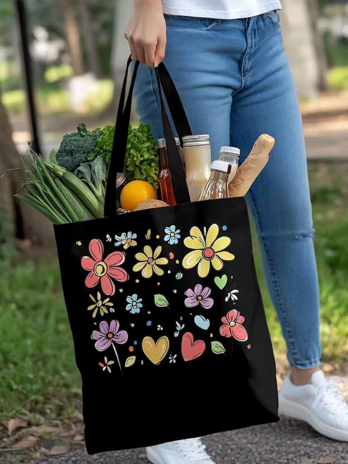 Canvas Tote Bag, Valentine's Love Pretty Daisy Floral Aesthetic Canvas Tote Handbags for Women Shoulder Bag
