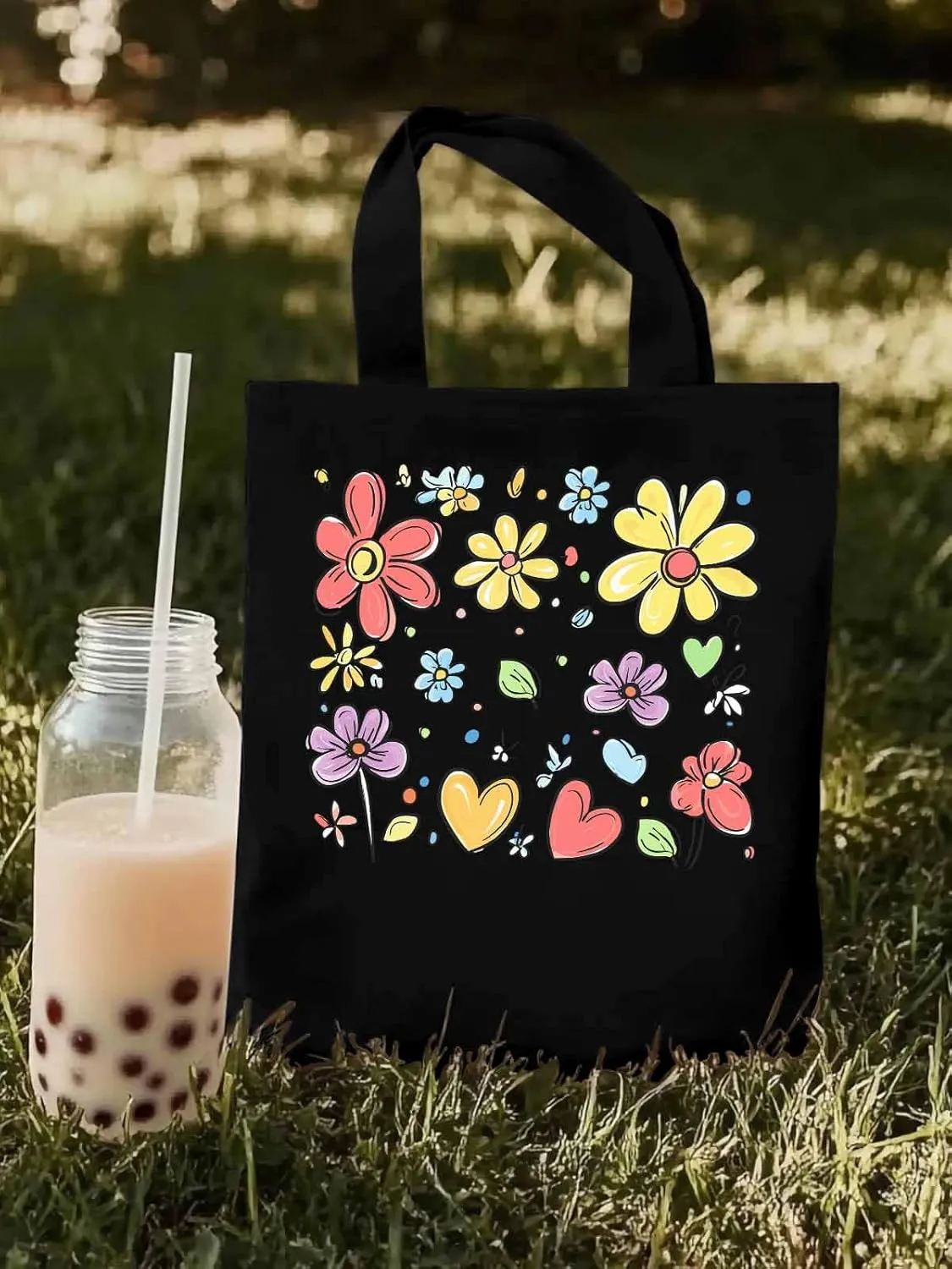 Canvas Tote Bag, Valentine's Love Pretty Daisy Floral Aesthetic Canvas Tote Handbags for Women Shoulder Bag