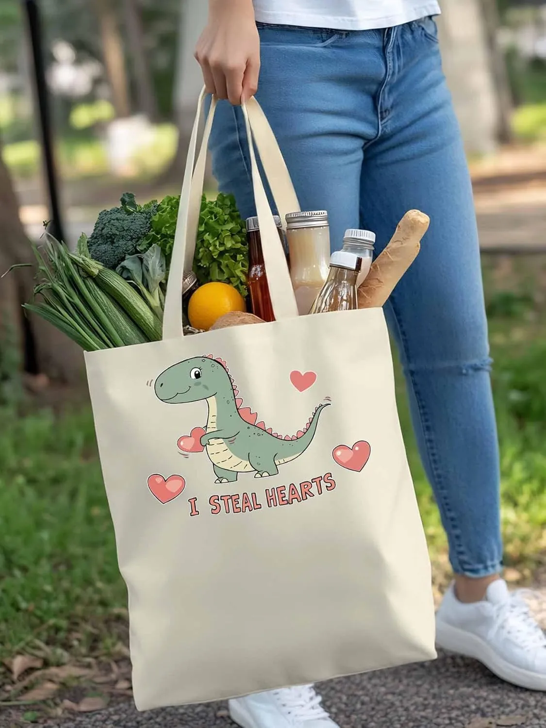 Canvas Tote Bag, Watercolor Dinosaur Loves patterned Canvas Tote Handbags for Women Shoulder Bag,