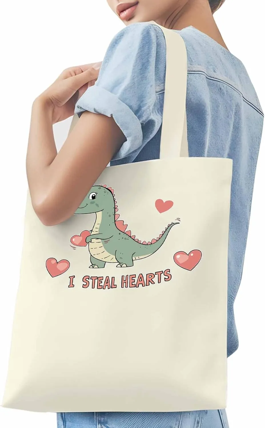 Canvas Tote Bag, Watercolor Dinosaur Loves patterned Canvas Tote Handbags for Women Shoulder Bag,