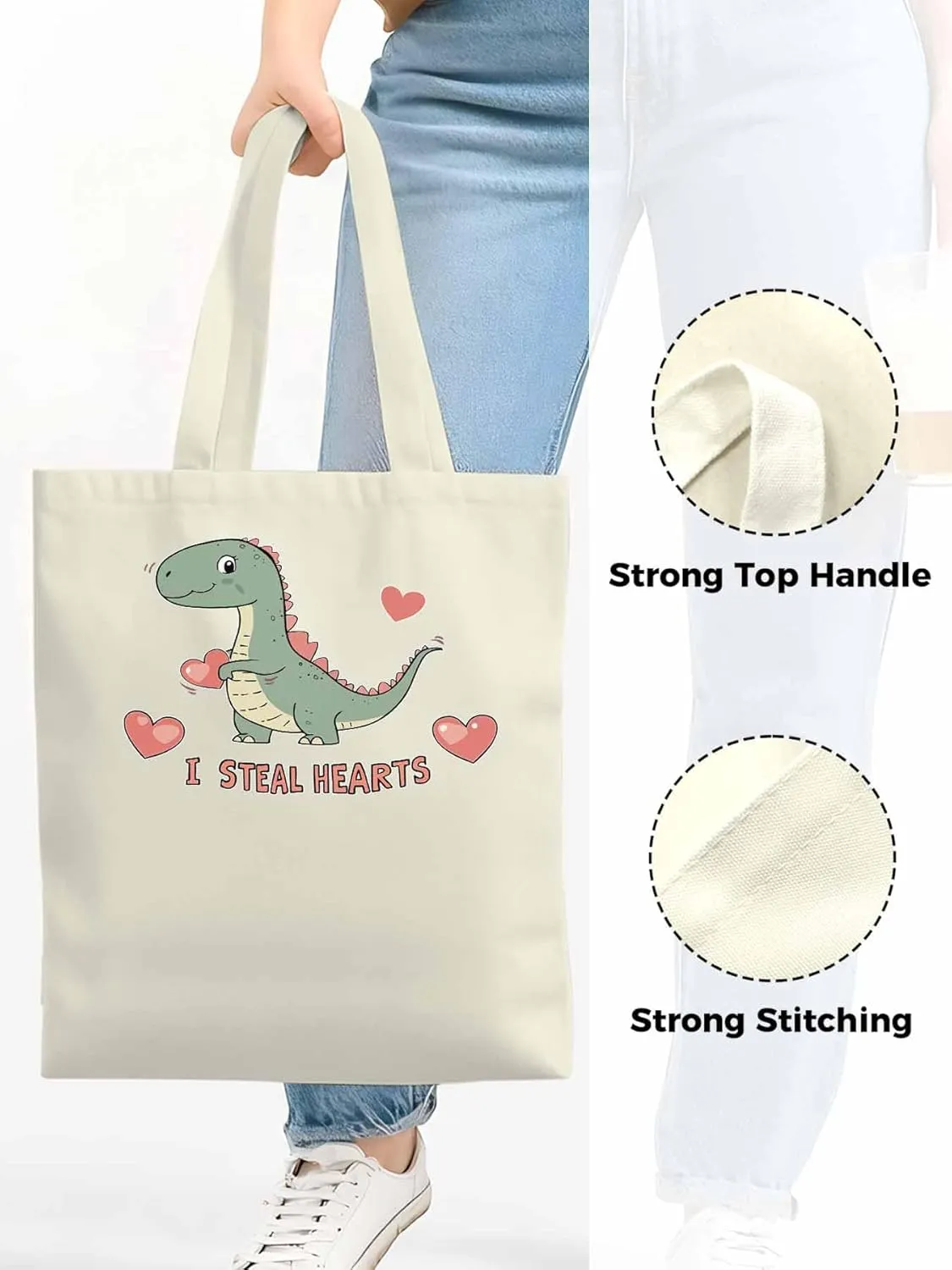 Canvas Tote Bag, Watercolor Dinosaur Loves patterned Canvas Tote Handbags for Women Shoulder Bag,