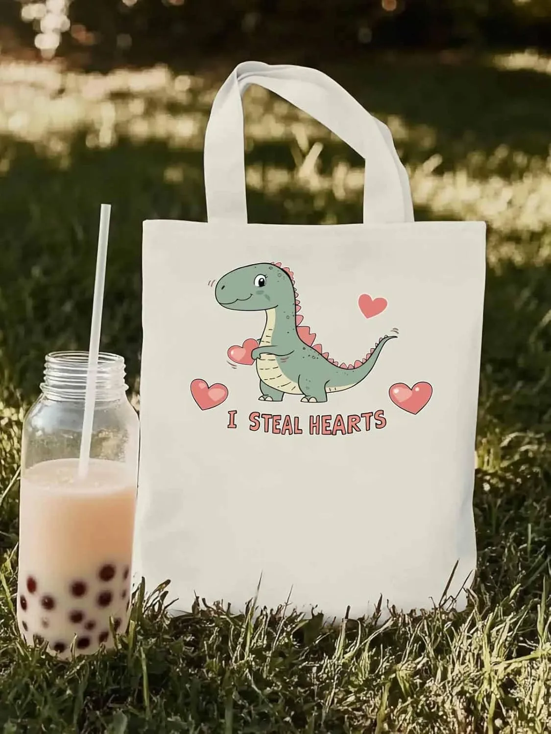 Canvas Tote Bag, Watercolor Dinosaur Loves patterned Canvas Tote Handbags for Women Shoulder Bag,