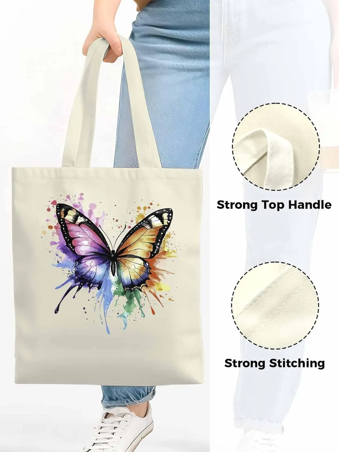 Canvas Tote Bag, Watercolor Paint Splatter Butterfly Aesthetic Canvas Tote Handbags for Women Shoulder Bag