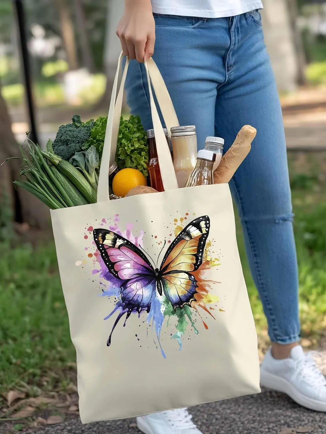 Canvas Tote Bag, Watercolor Paint Splatter Butterfly Aesthetic Canvas Tote Handbags for Women Shoulder Bag