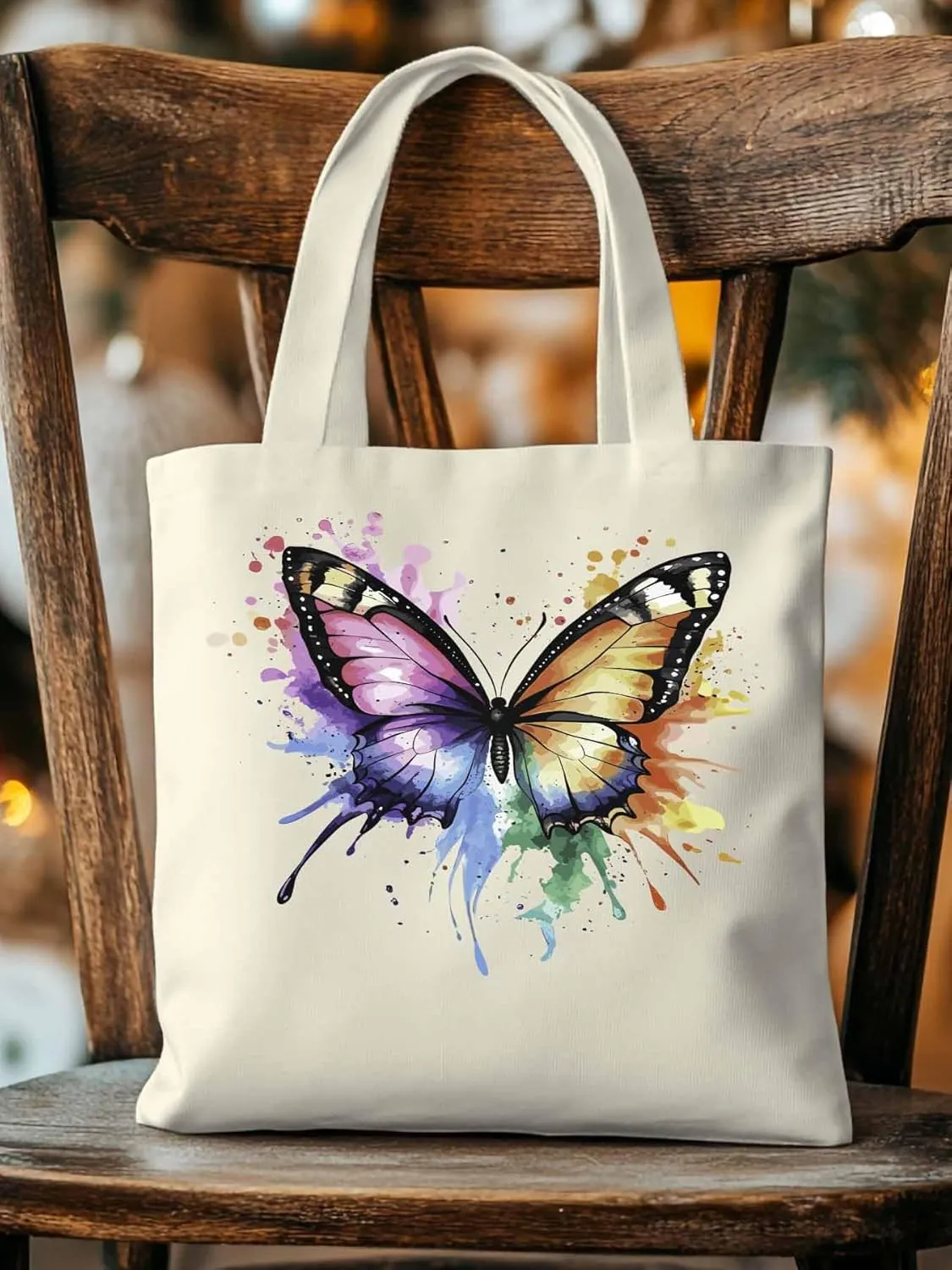 Canvas Tote Bag, Watercolor Paint Splatter Butterfly Aesthetic Canvas Tote Handbags for Women Shoulder Bag