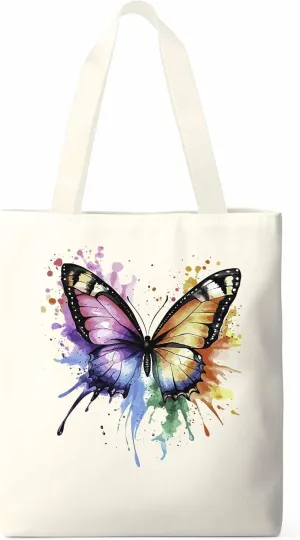 Canvas Tote Bag, Watercolor Paint Splatter Butterfly Aesthetic Canvas Tote Handbags for Women Shoulder Bag