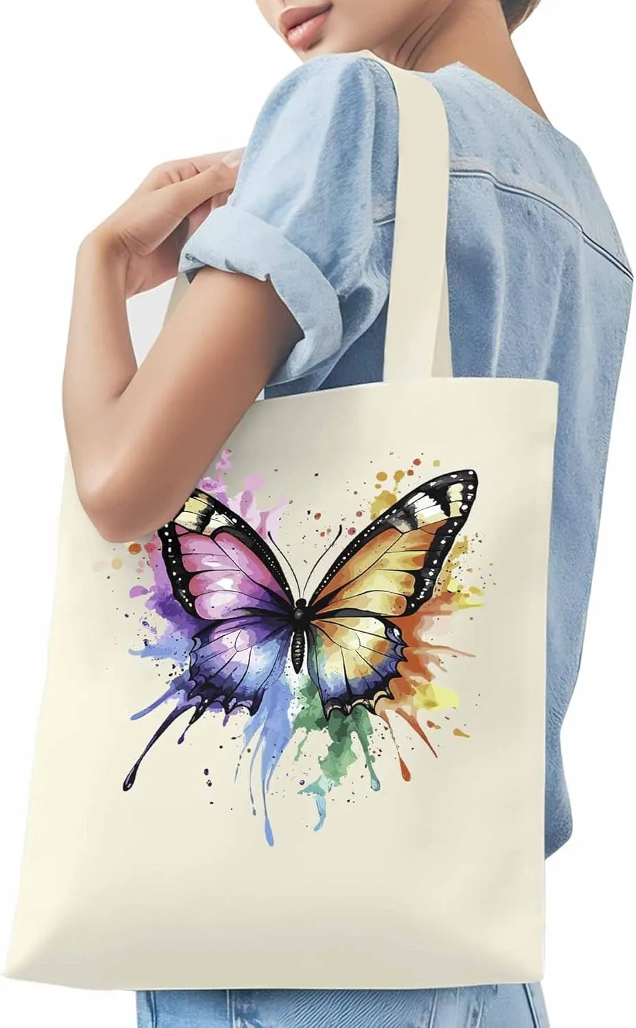 Canvas Tote Bag, Watercolor Paint Splatter Butterfly Aesthetic Canvas Tote Handbags for Women Shoulder Bag
