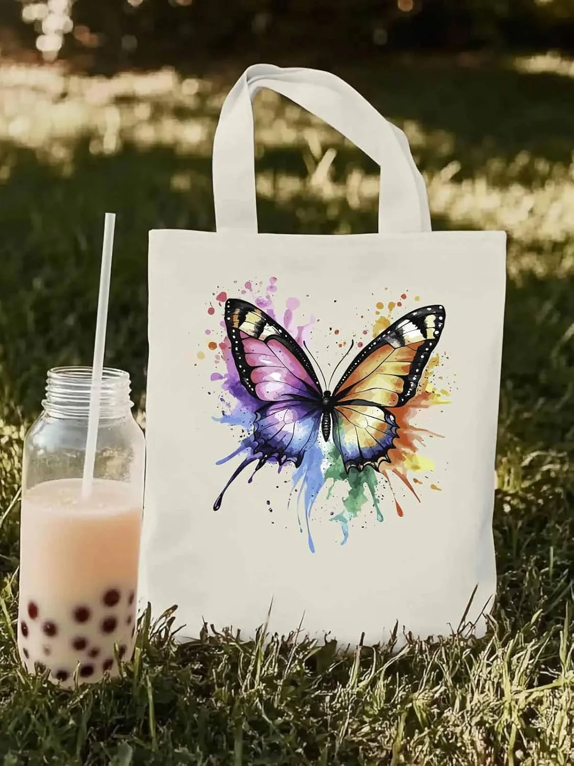 Canvas Tote Bag, Watercolor Paint Splatter Butterfly Aesthetic Canvas Tote Handbags for Women Shoulder Bag