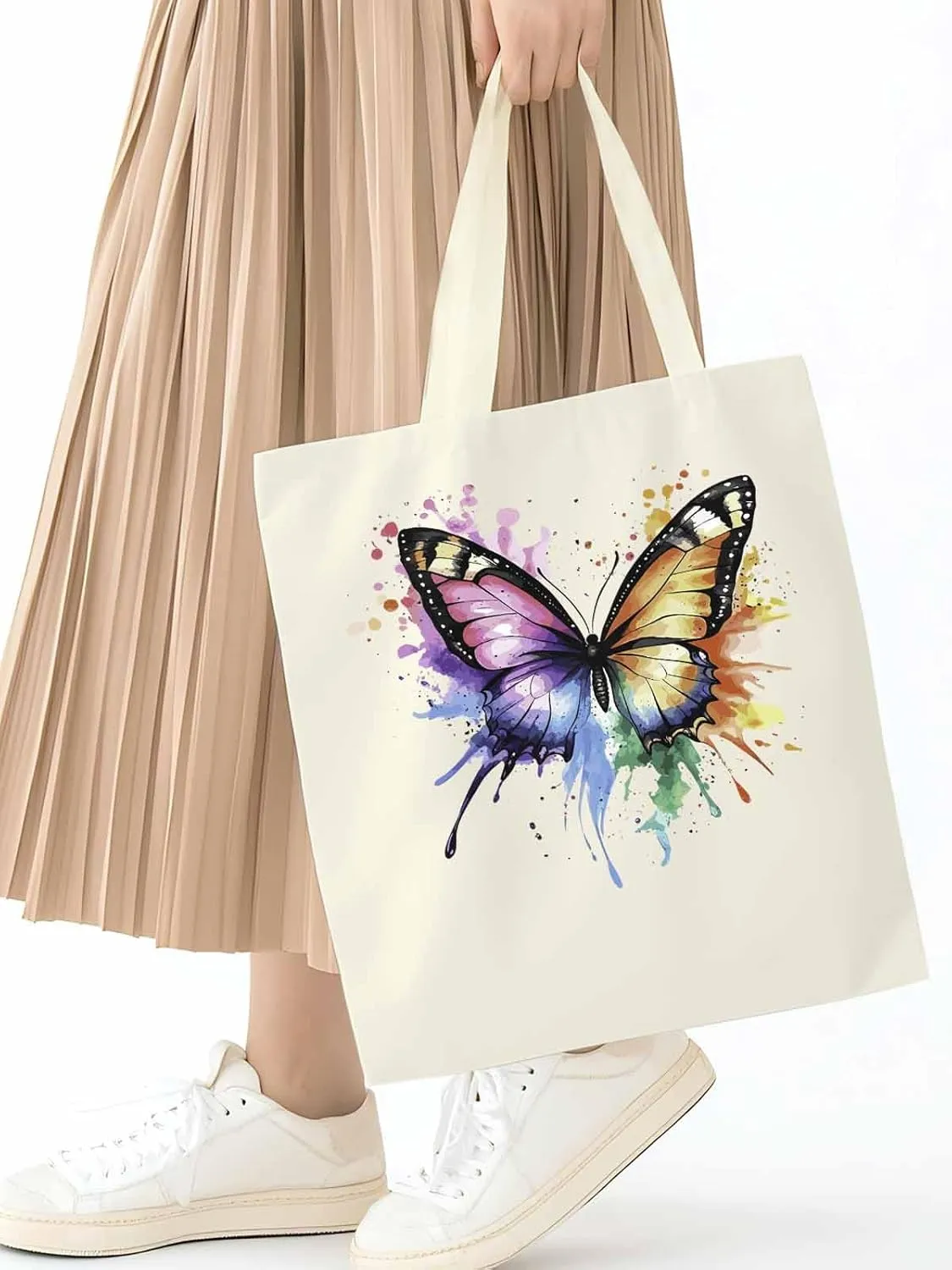 Canvas Tote Bag, Watercolor Paint Splatter Butterfly Aesthetic Canvas Tote Handbags for Women Shoulder Bag