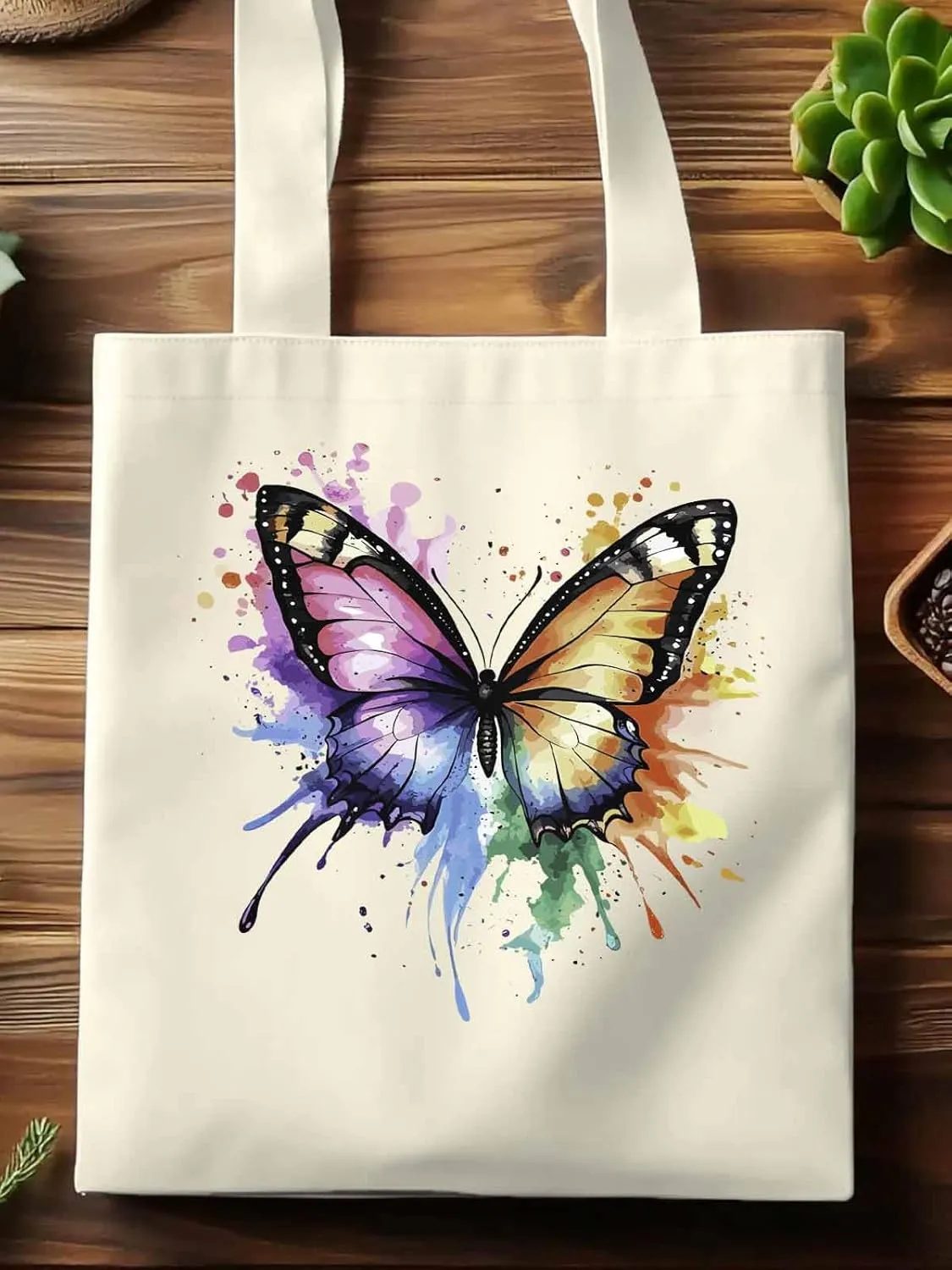 Canvas Tote Bag, Watercolor Paint Splatter Butterfly Aesthetic Canvas Tote Handbags for Women Shoulder Bag