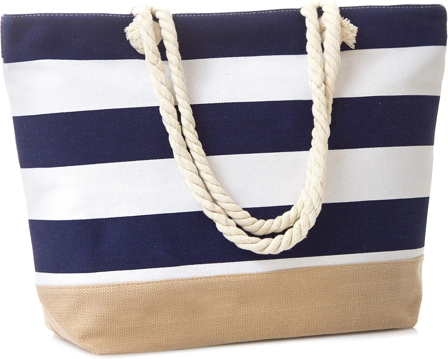 Canvas Tote Beach Bag, Water Resistant Shoulder Tote Bag (L20"xH15"xW6", Stripe Navy Blue)